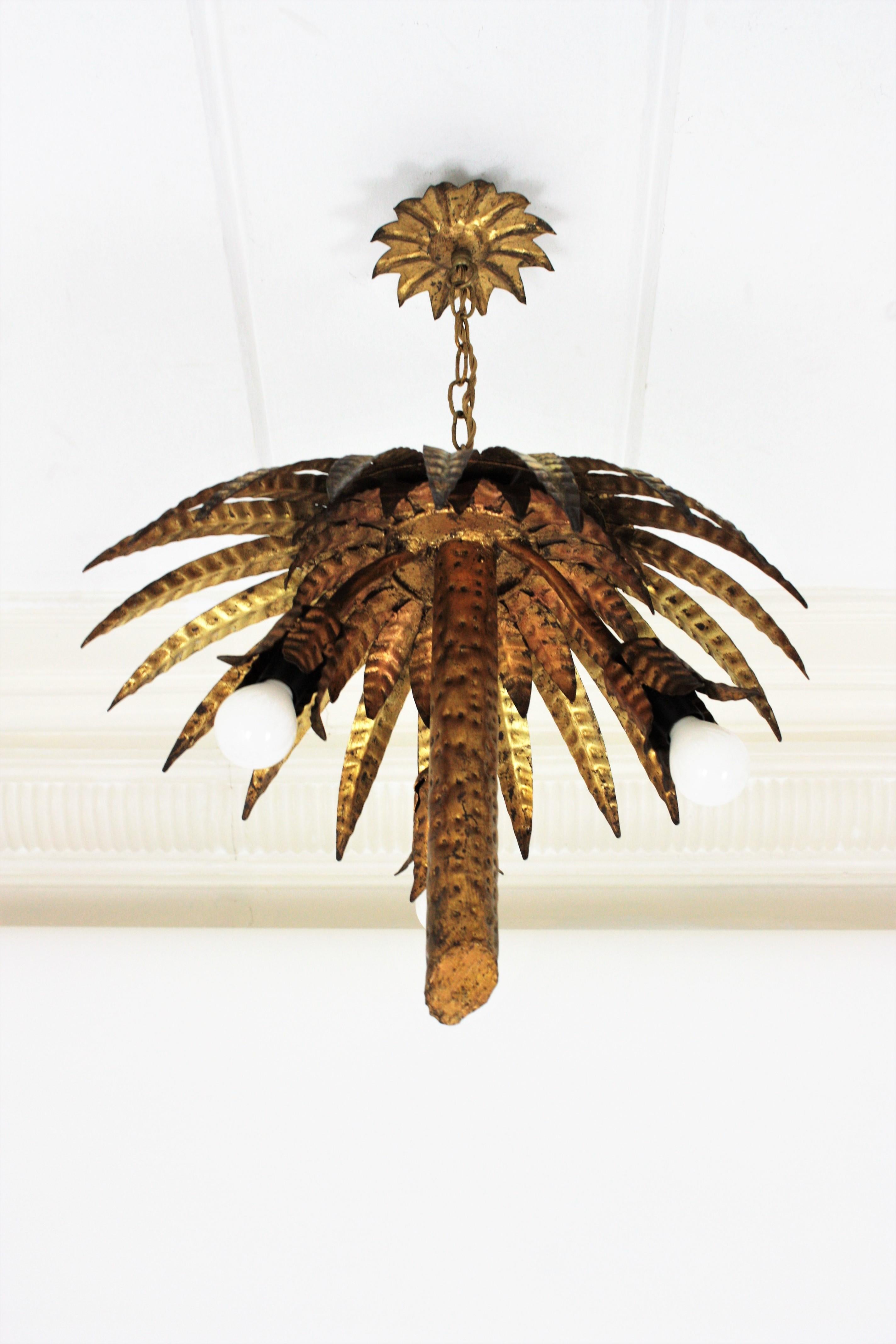 Spanish Hollywood Regency Gilt Metal Palm Tree Chandelier or Flushmount 10