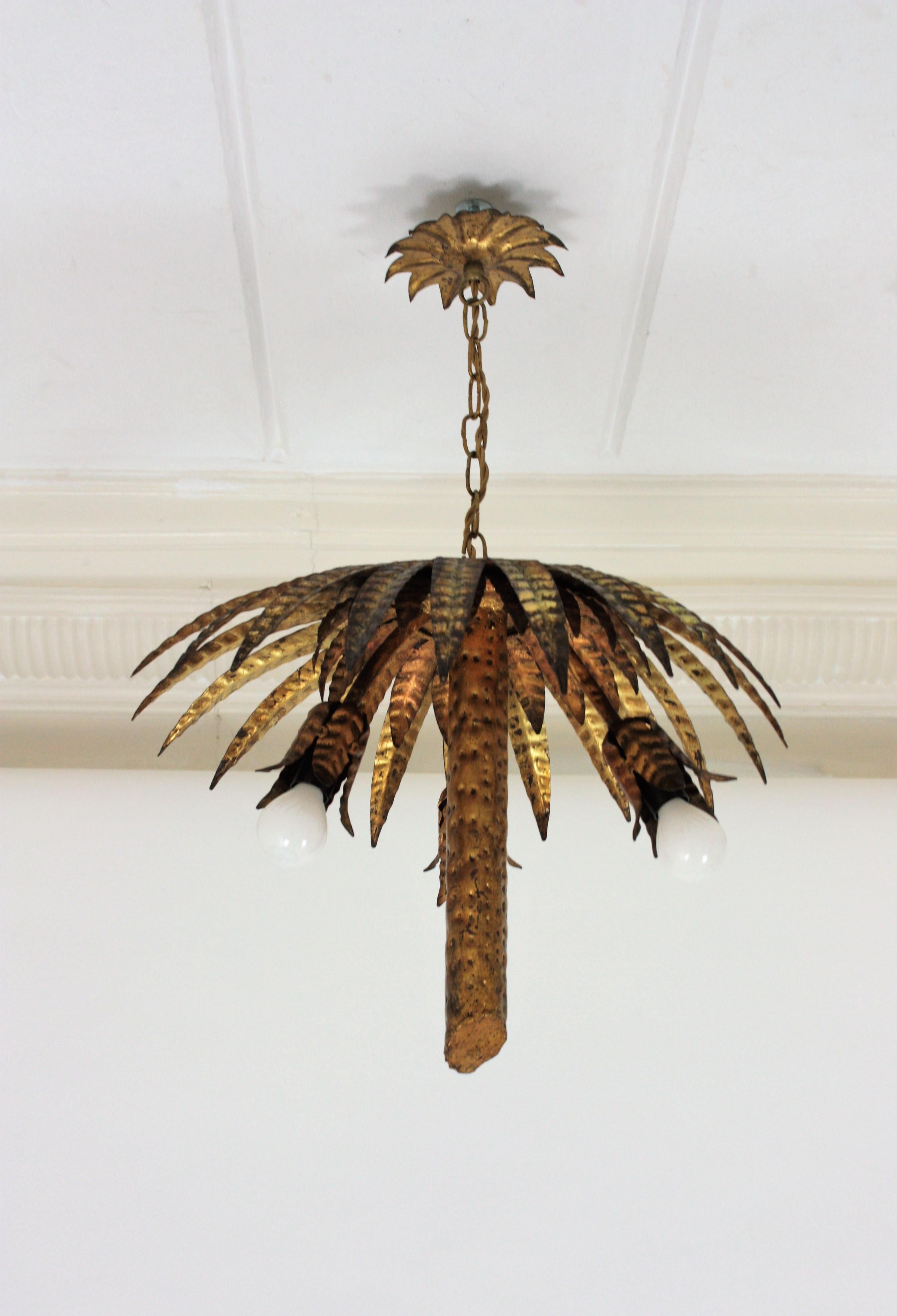 Spanish Hollywood Regency Gilt Metal Palm Tree Chandelier or Flushmount 11