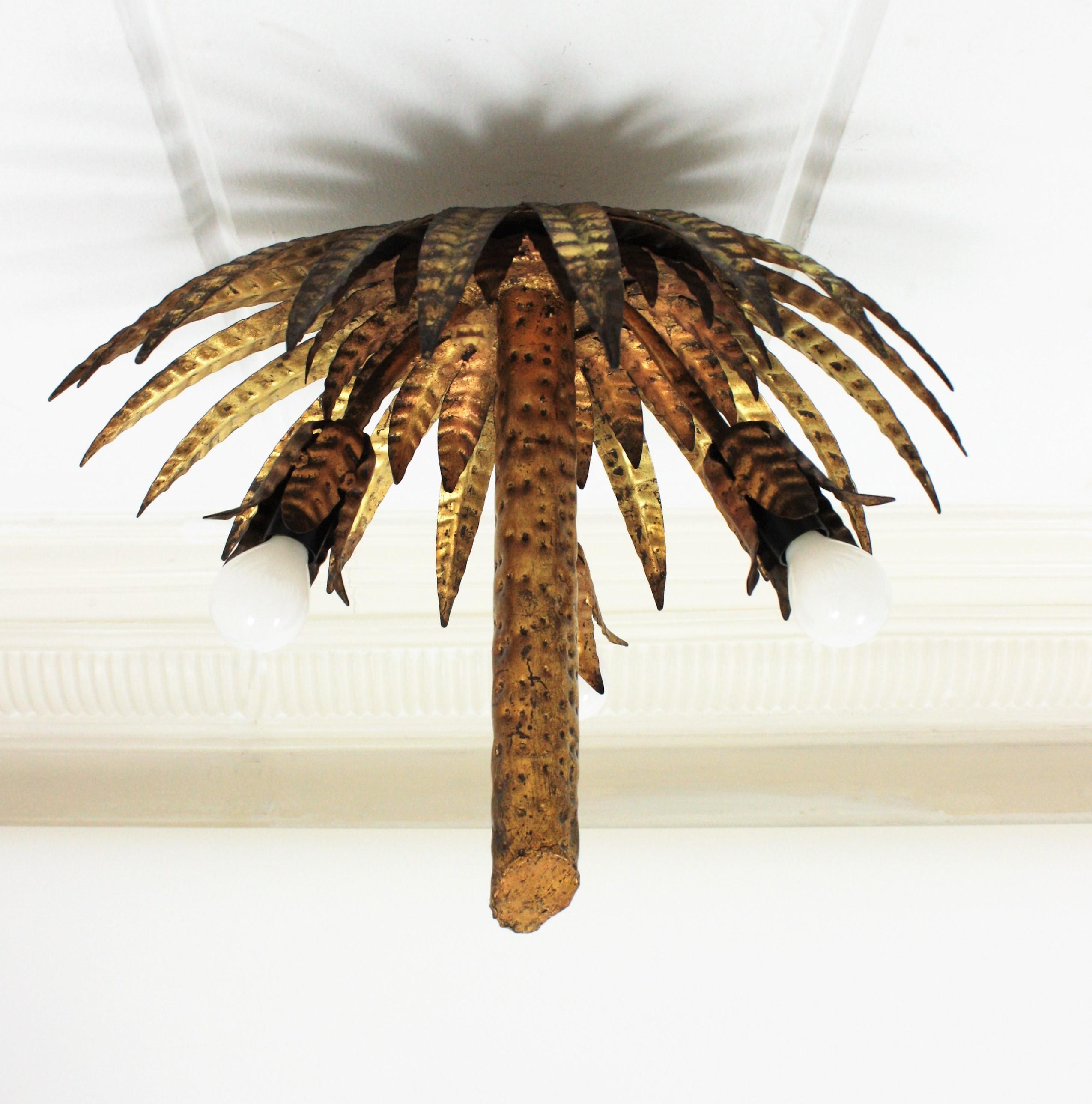 Spanish Hollywood Regency Gilt Metal Palm Tree Chandelier or Flushmount 12