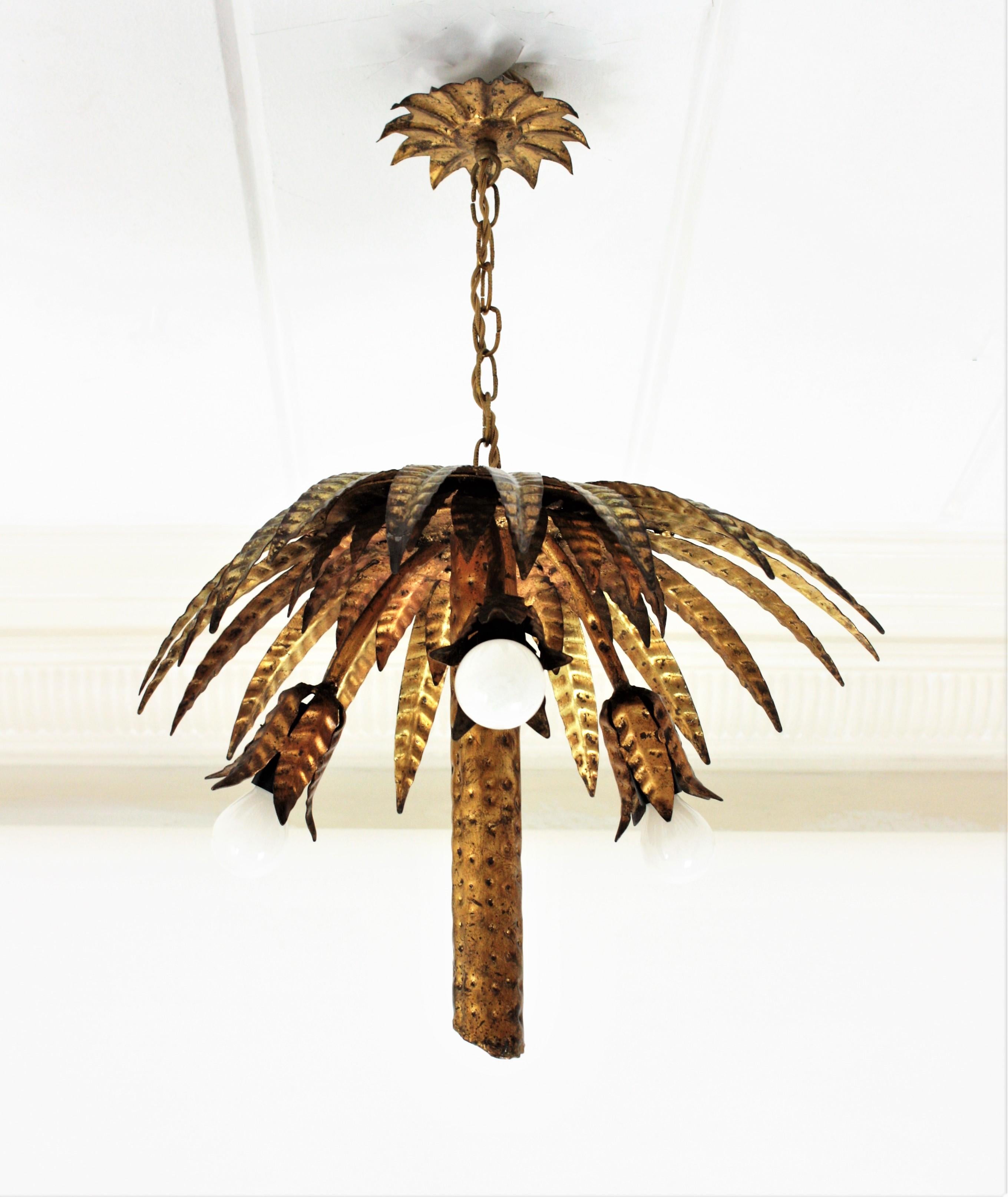 20th Century Spanish Hollywood Regency Gilt Metal Palm Tree Chandelier or Flushmount