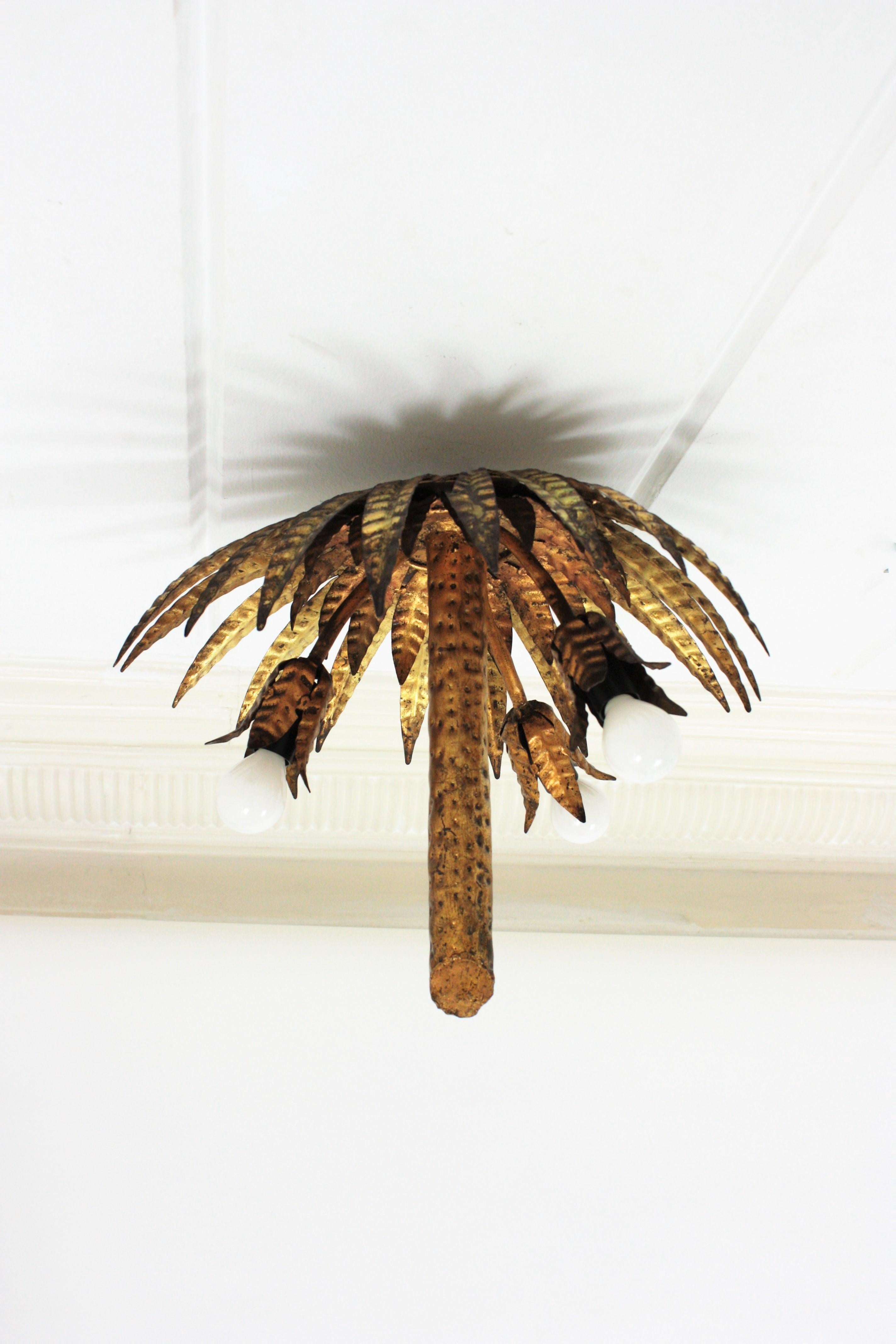 Spanish Hollywood Regency Gilt Metal Palm Tree Chandelier or Flushmount 1