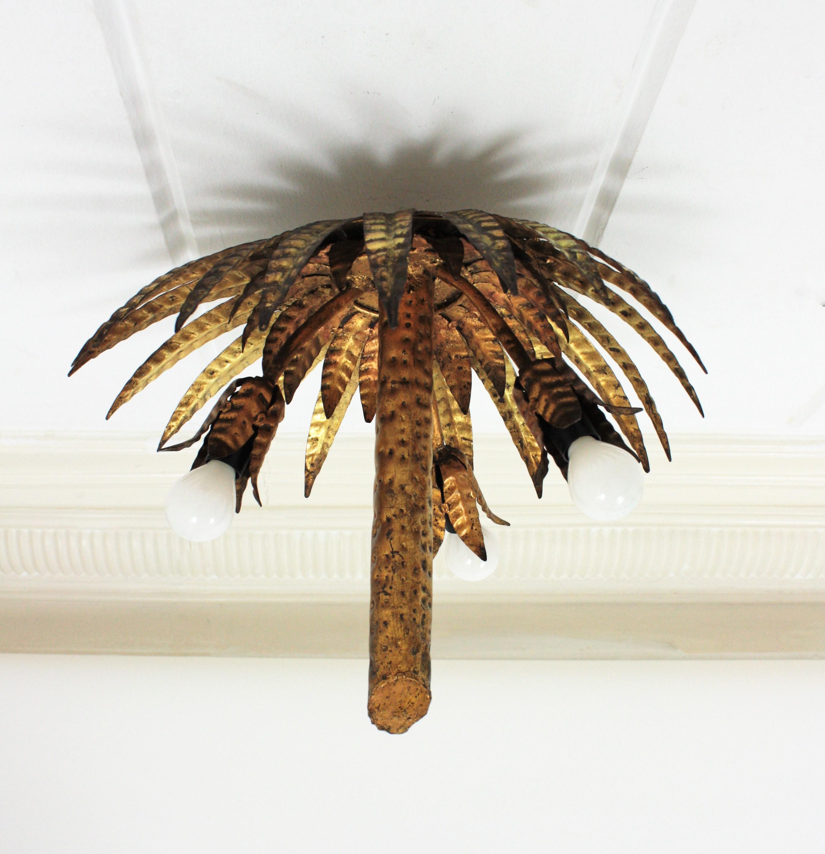 Spanish Hollywood Regency Gilt Metal Palm Tree Chandelier or Flushmount 2
