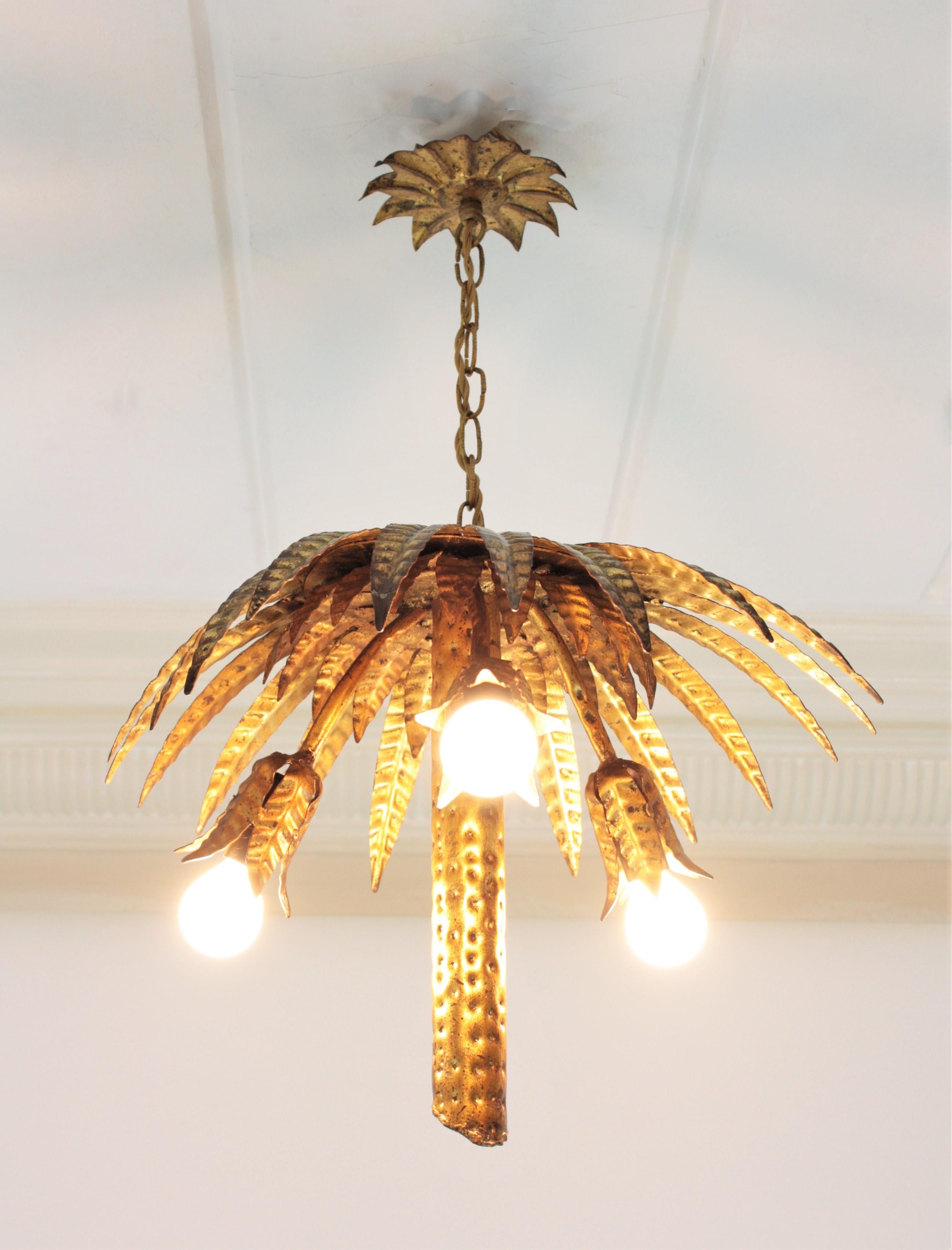 Spanish Hollywood Regency Gilt Metal Palm Tree Chandelier or Flushmount 4