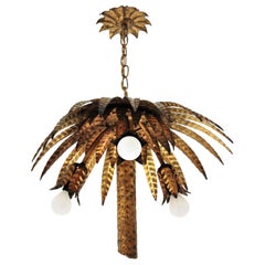 Spanish Hollywood Regency Gilt Metal Palm Tree Chandelier or Flushmount