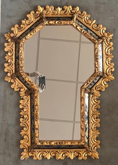 Spanish Hollywood Regency Gilt Mirror with Keyhole Form and Etched Blue Glass