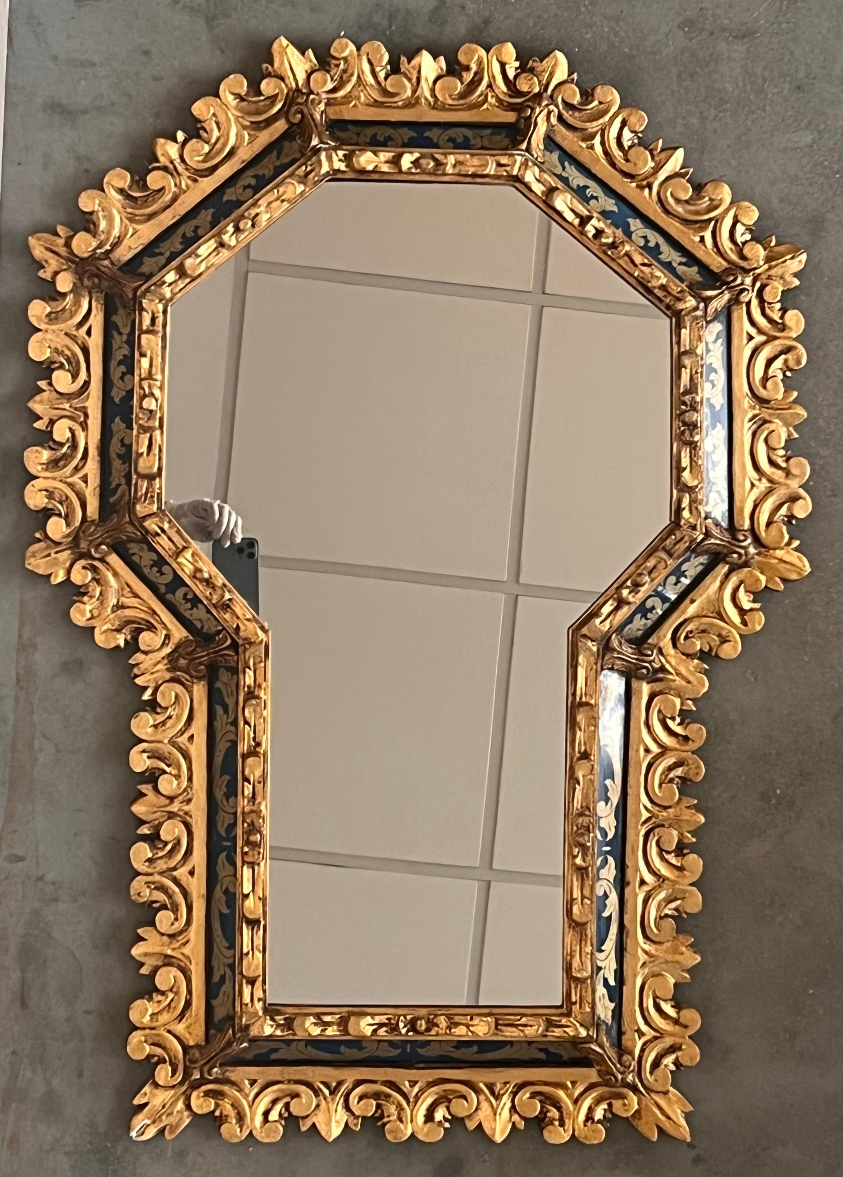 Italian Spanish Hollywood Regency Gilt Mirror with Keyhole Form and Etched Blue Glass For Sale