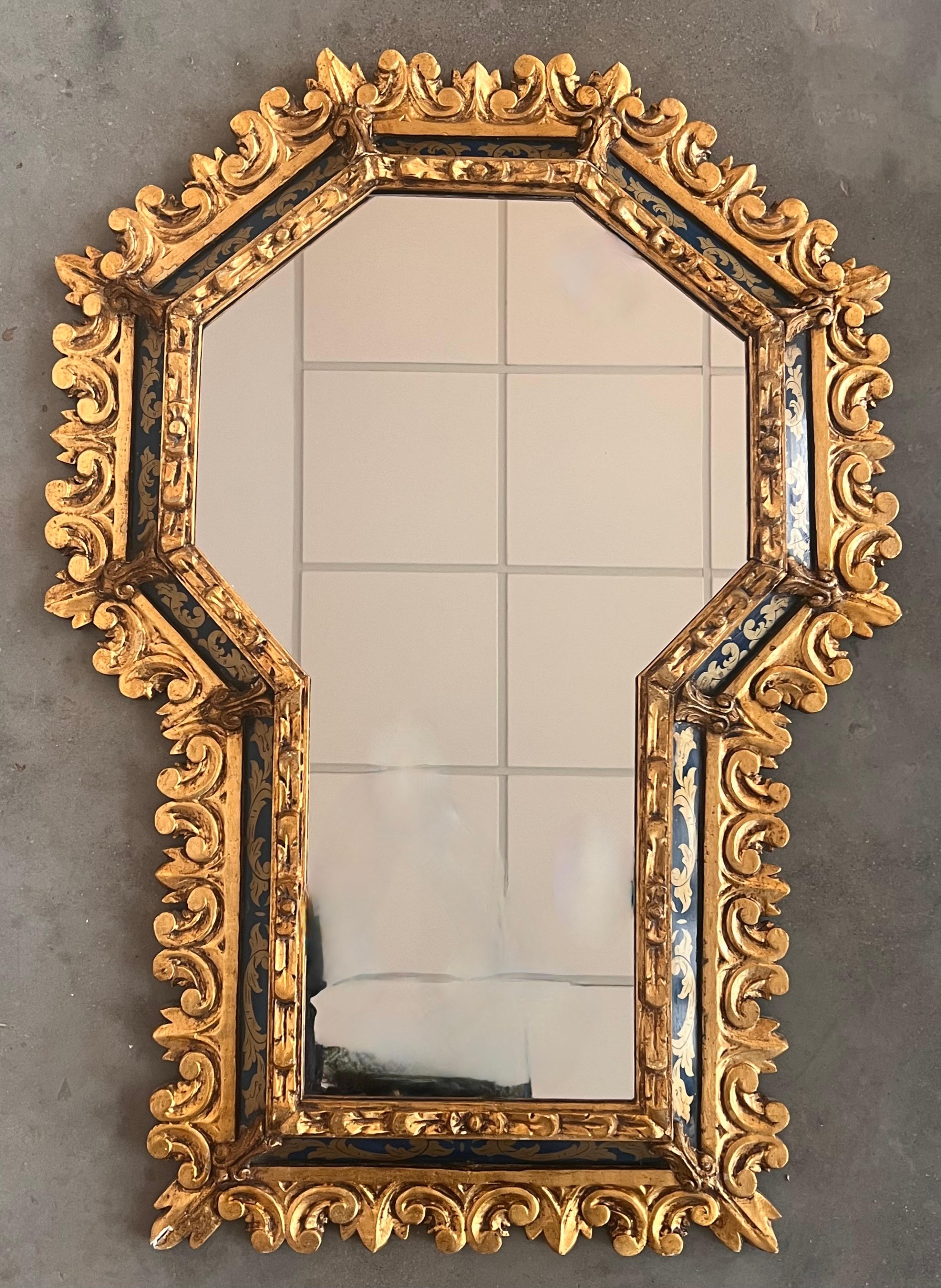 Spanish Hollywood Regency Gilt Mirror with Keyhole Form and Etched Blue Glass In Good Condition For Sale In Miami, FL