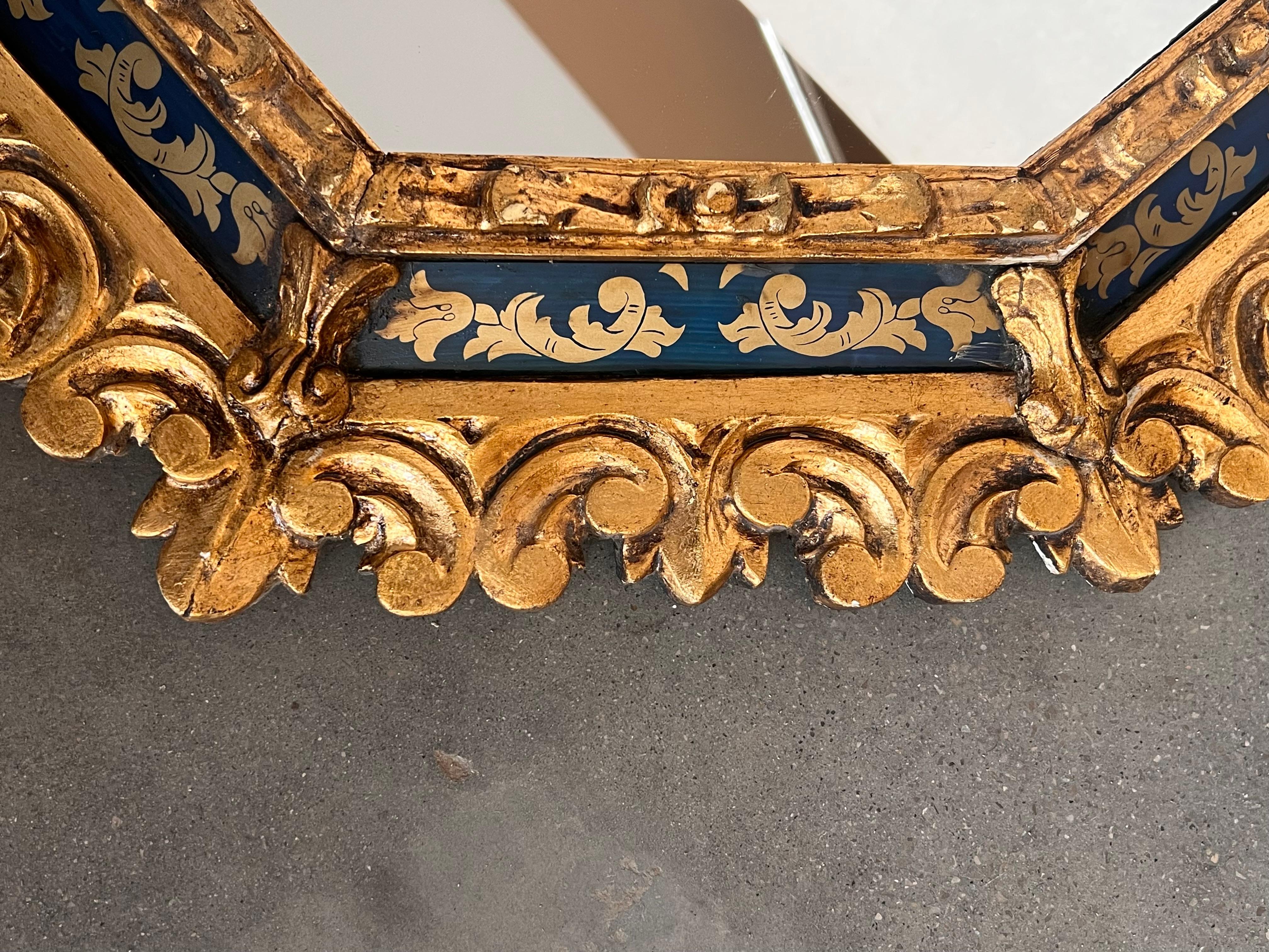 Giltwood Spanish Hollywood Regency Gilt Mirror with Keyhole Form and Etched Blue Glass For Sale