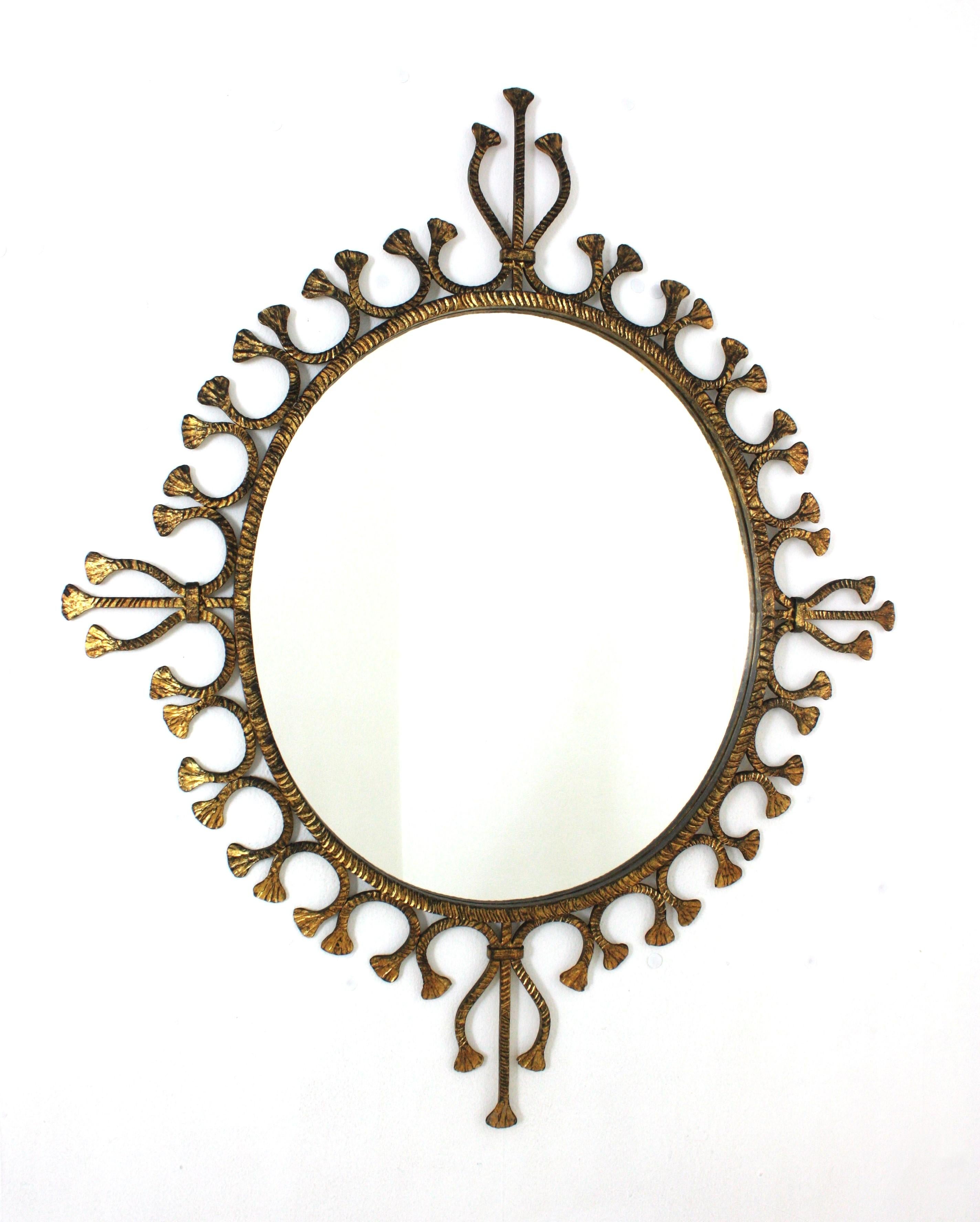 Spanish Hollywood Regency Gilt Wrought Iron Oval Sunburst Mirror / Wall Mirror For Sale 6