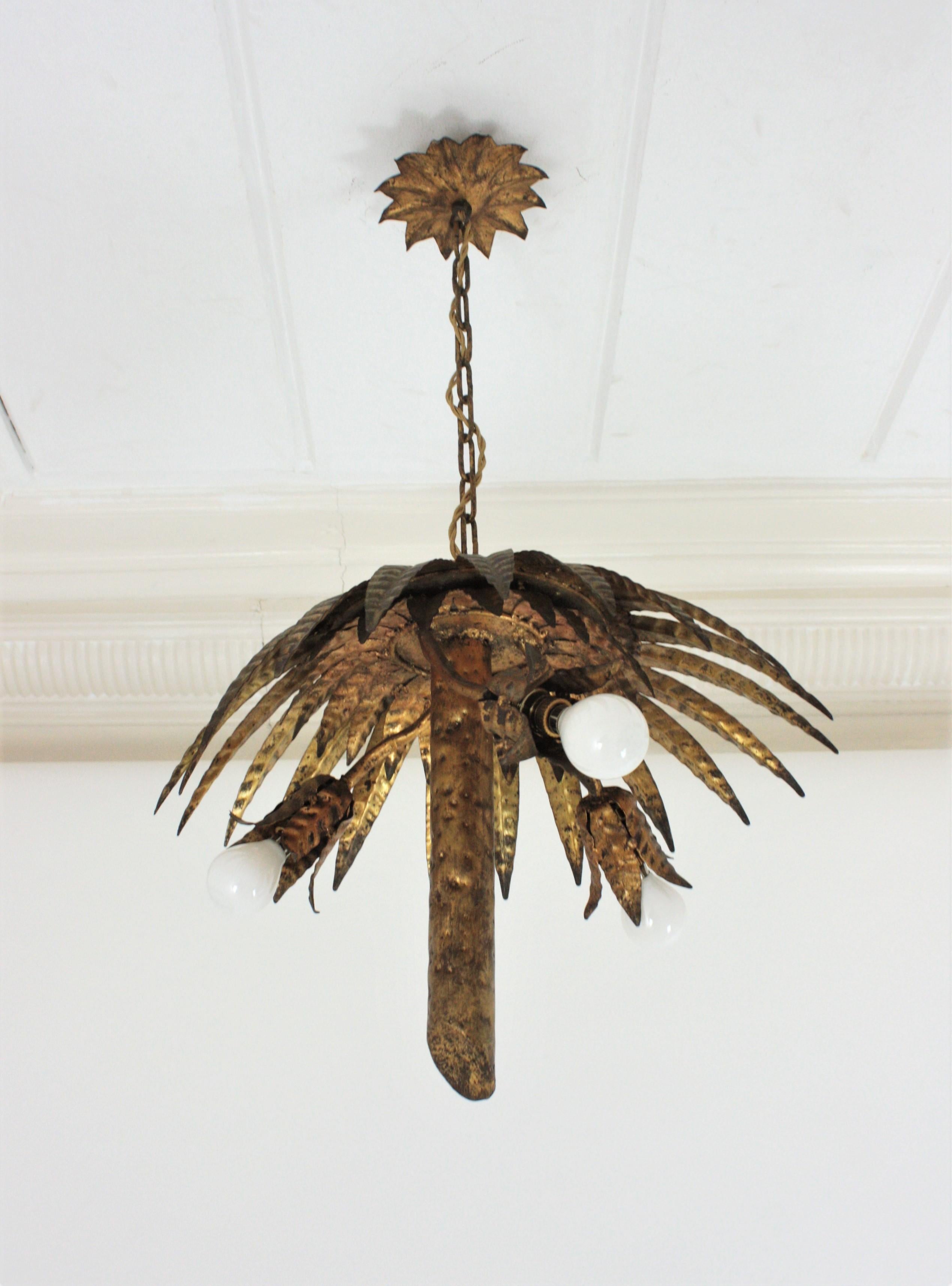 Spanish Palm Tree Pendant Chandelier Flush Mount in Gilt Iron For Sale 4