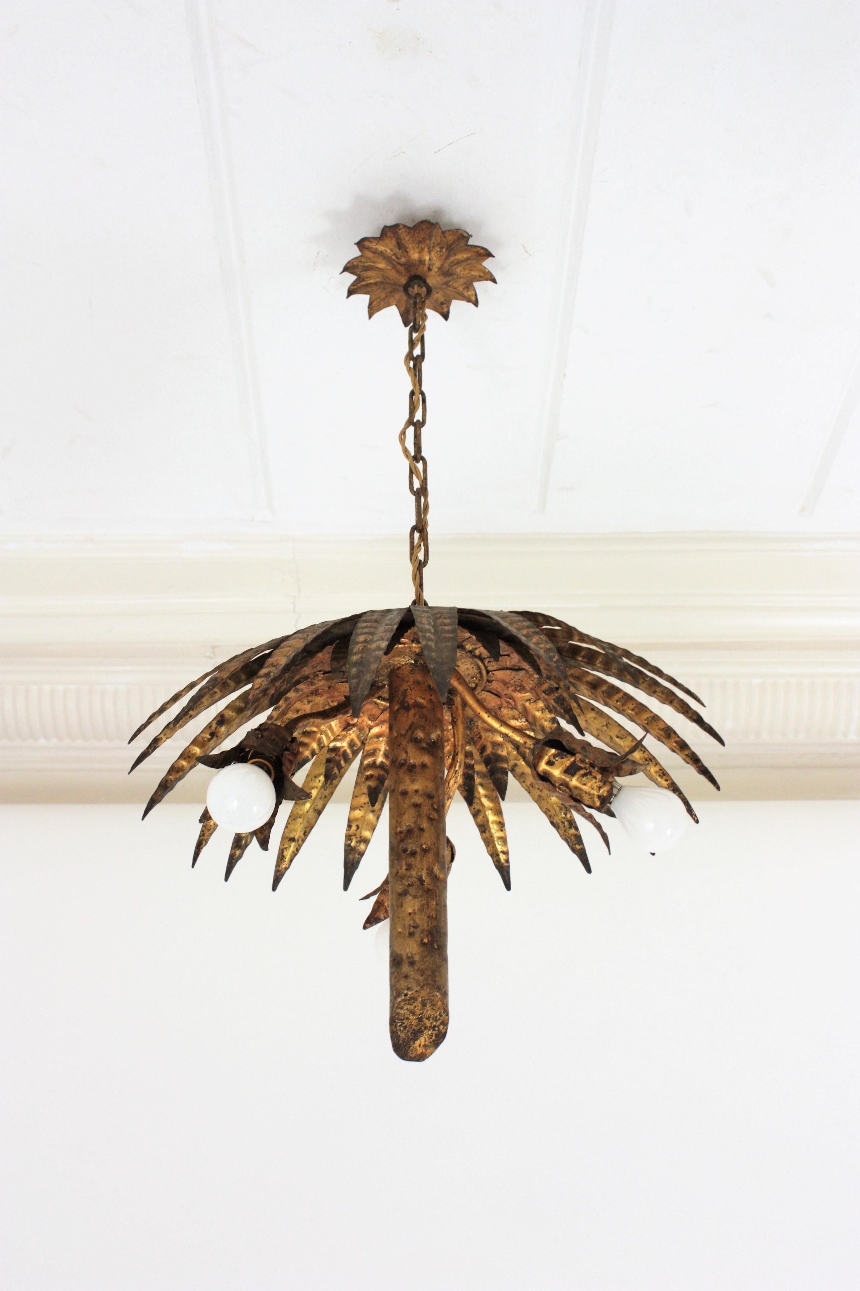 Spanish Palm Tree Pendant Chandelier Flush Mount in Gilt Iron For Sale 5