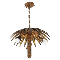 Hollywood Regency Palm Tree Pendant Light in Gilt Iron, Spain 1950s