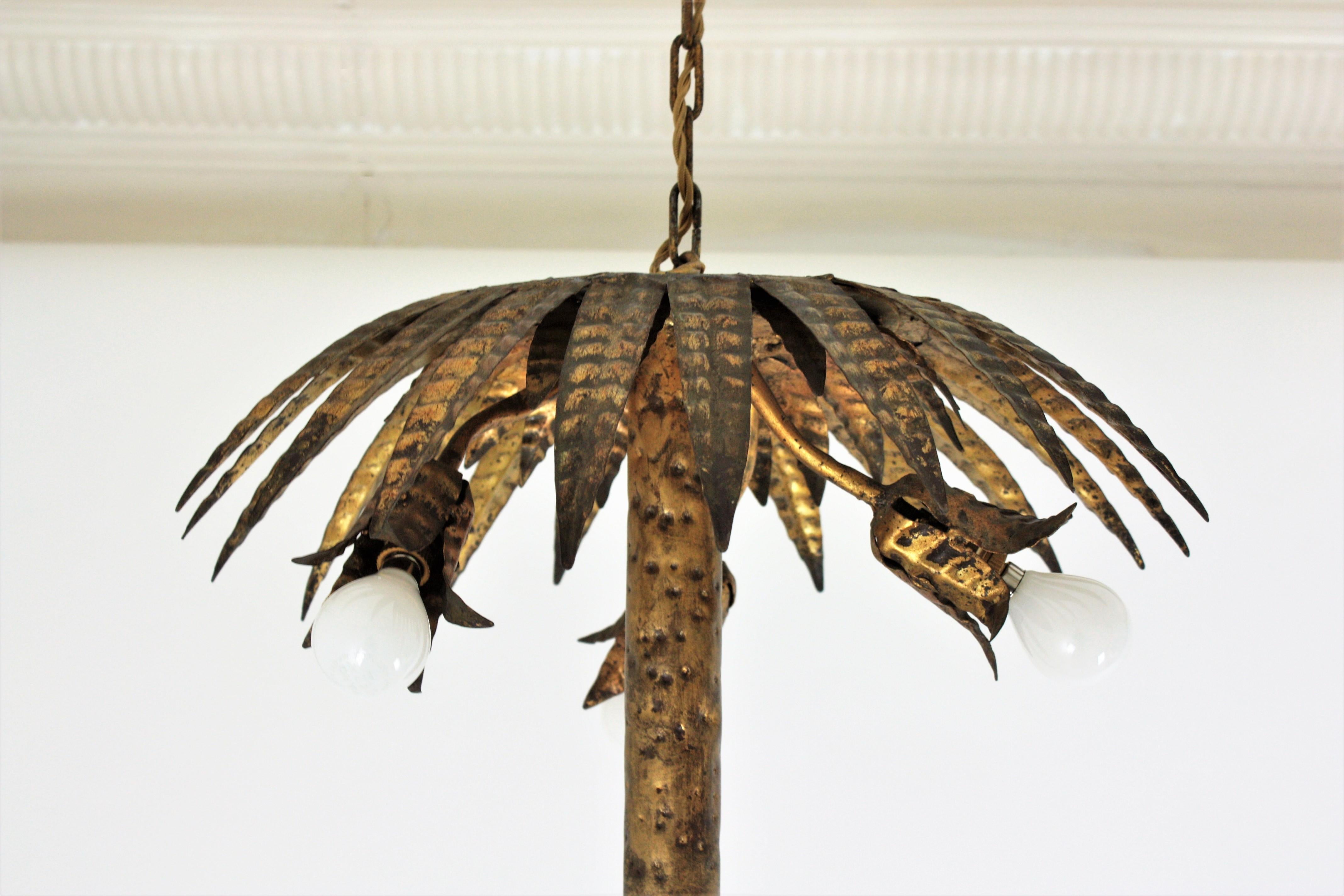 Spanish Palm Tree Pendant Chandelier Flush Mount in Gilt Iron For Sale 9