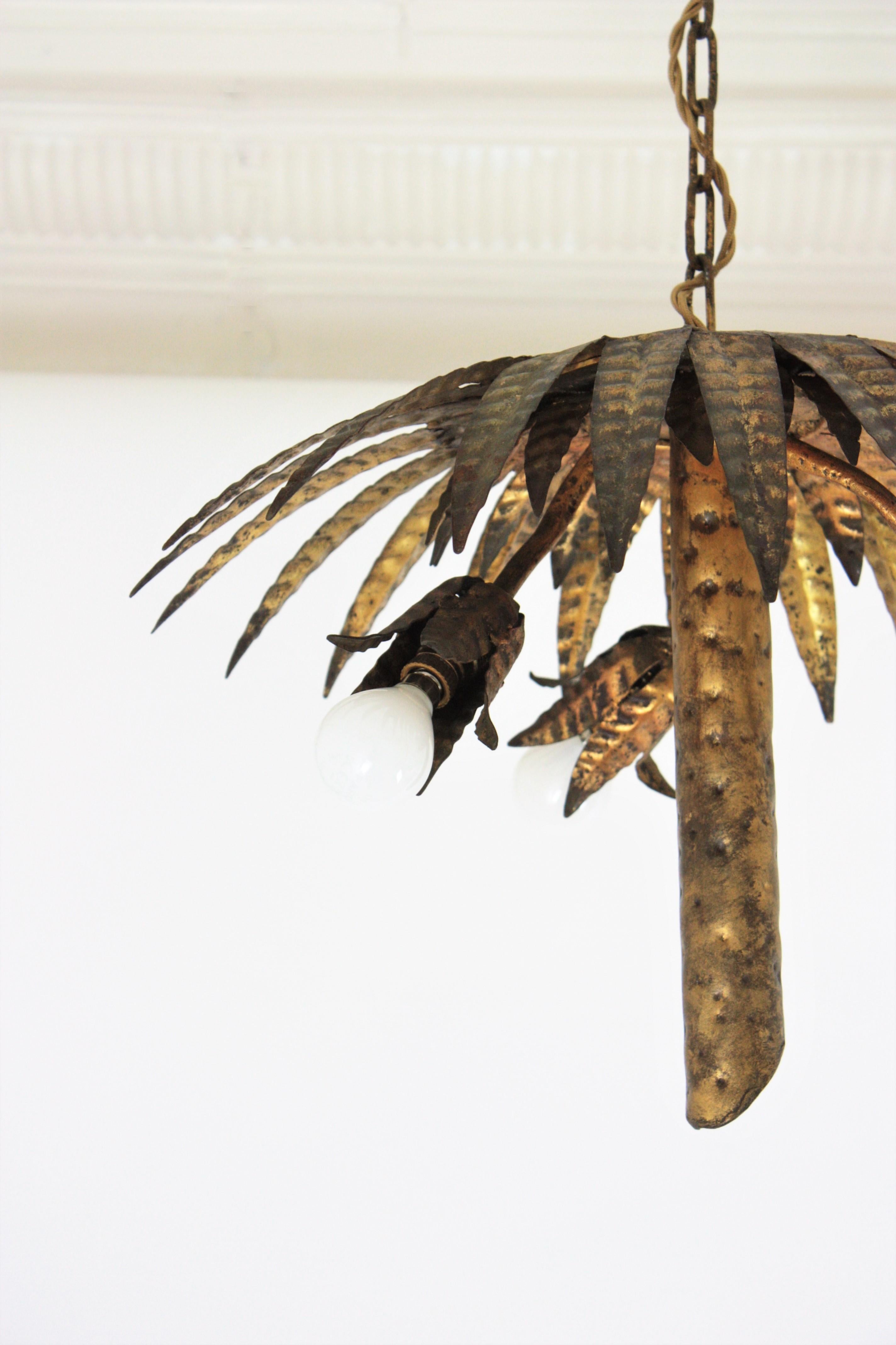 Spanish Palm Tree Pendant Chandelier Flush Mount in Gilt Iron For Sale 10