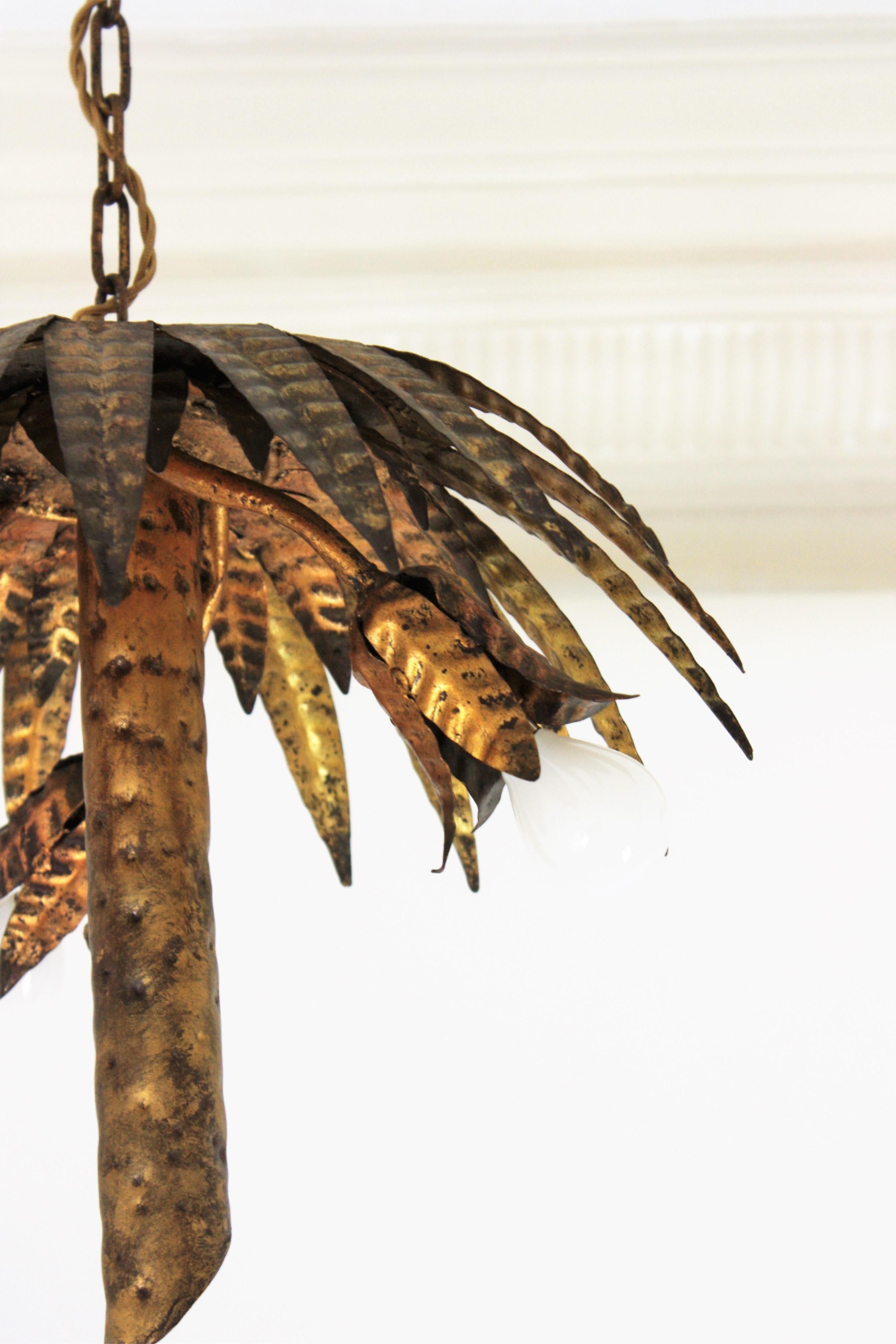 Spanish Palm Tree Pendant Chandelier Flush Mount in Gilt Iron For Sale 11