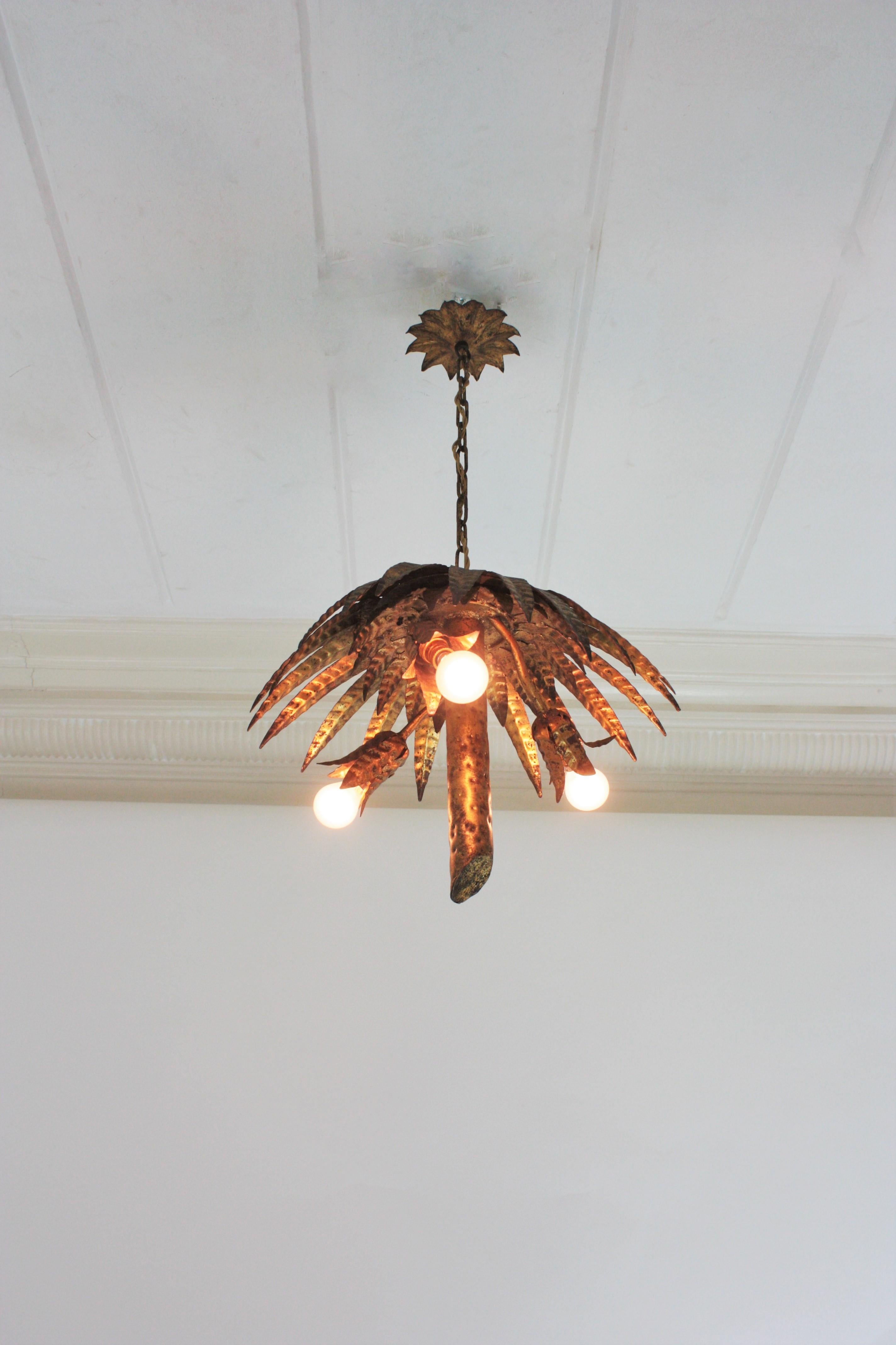 Palm Tree Pendant Chandelier / Ceiling Light Fixture in Gilt Iron, Spain 1950s For Sale 12