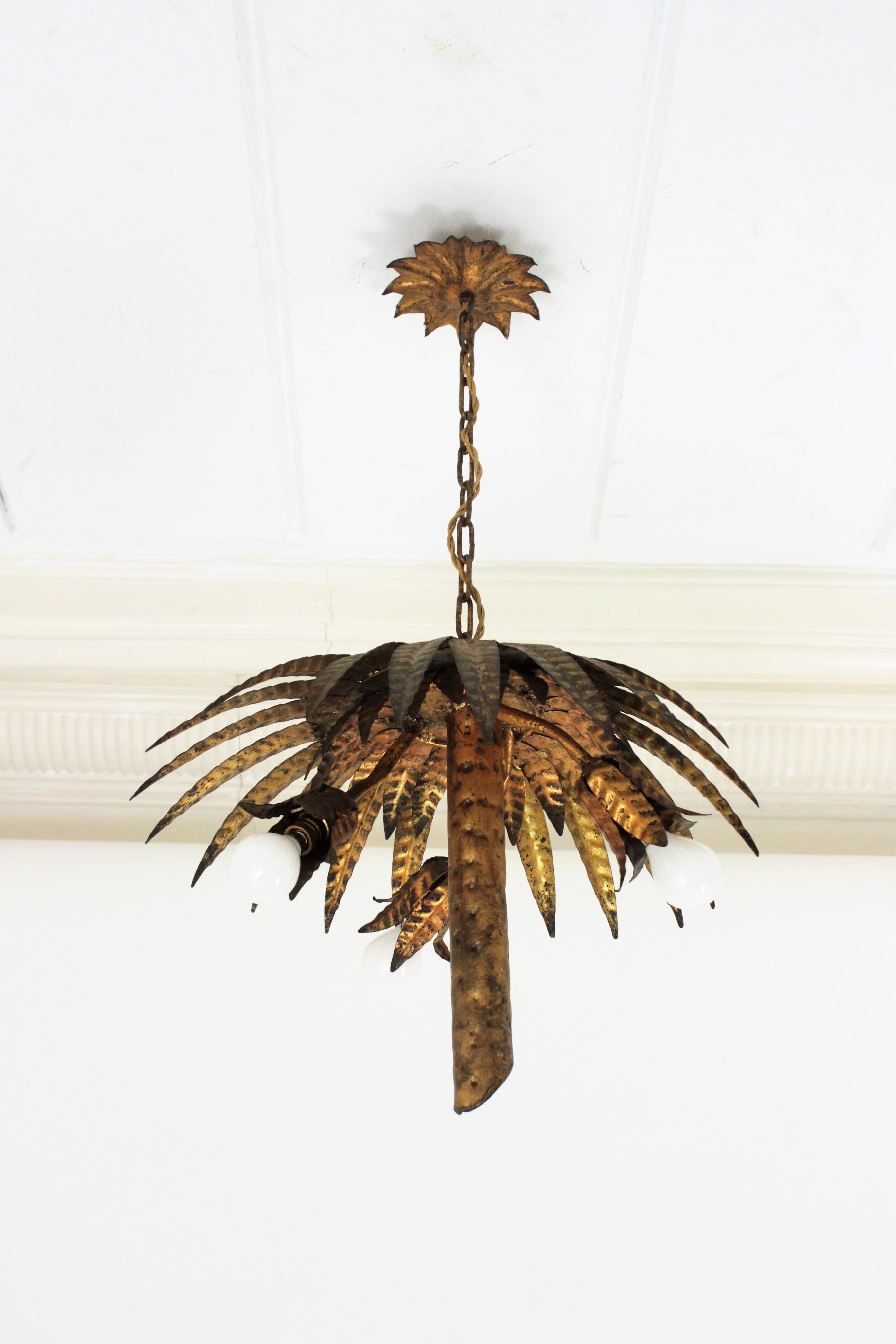 Spanish Palm Tree Pendant Chandelier / Ceiling Light Fixture in Gilt Iron, Spain 1950s For Sale