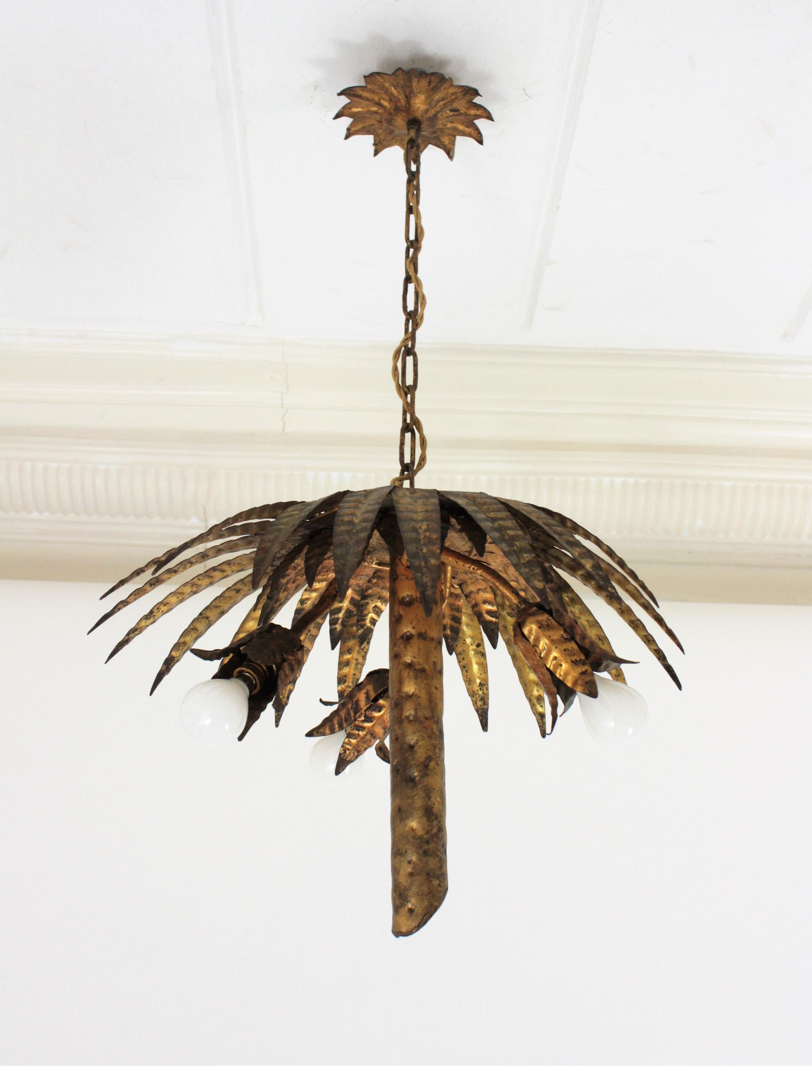 20th Century Spanish Palm Tree Pendant Chandelier Flush Mount in Gilt Iron For Sale