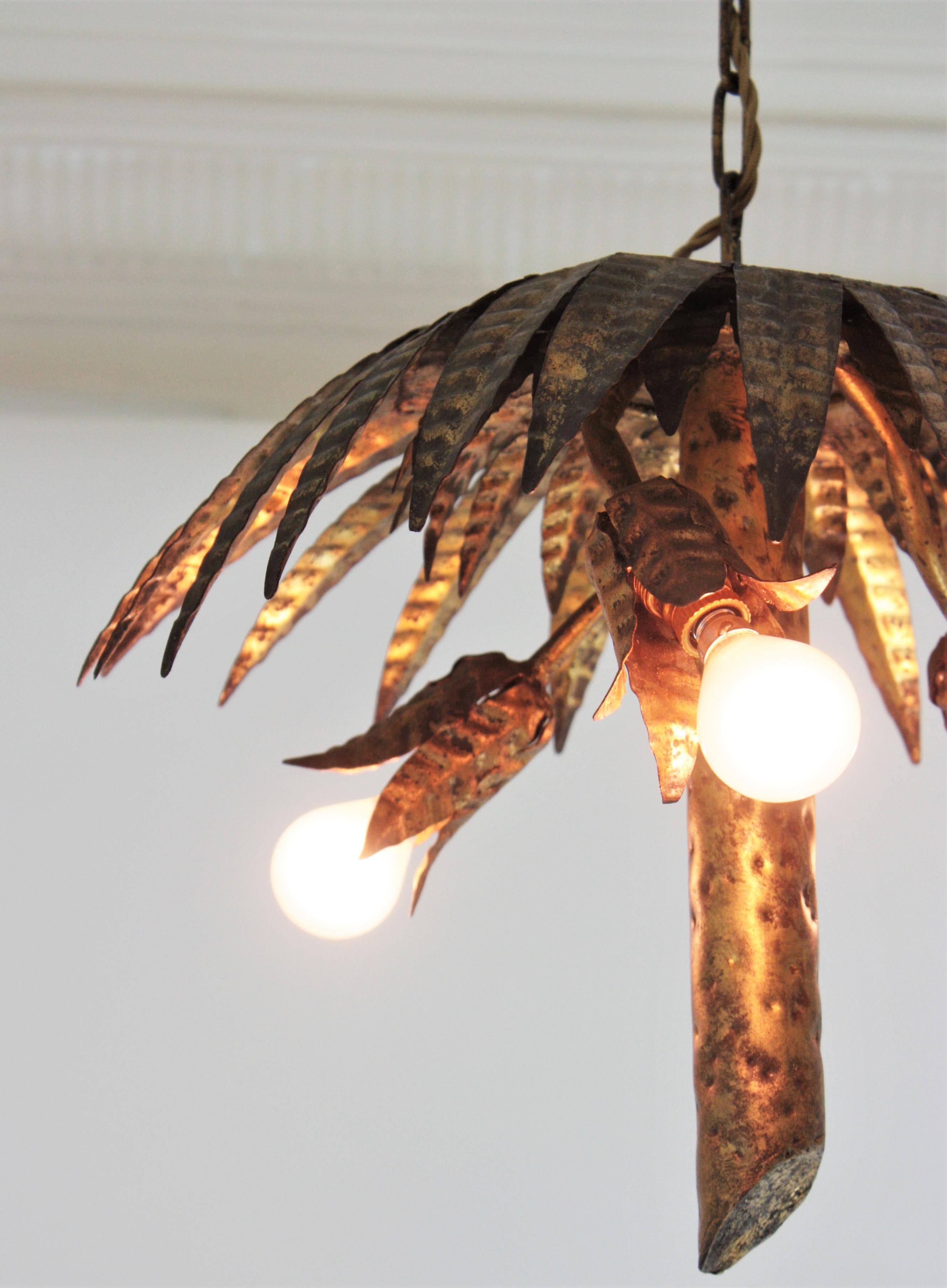 Metal Spanish Palm Tree Pendant Chandelier Flush Mount in Gilt Iron For Sale