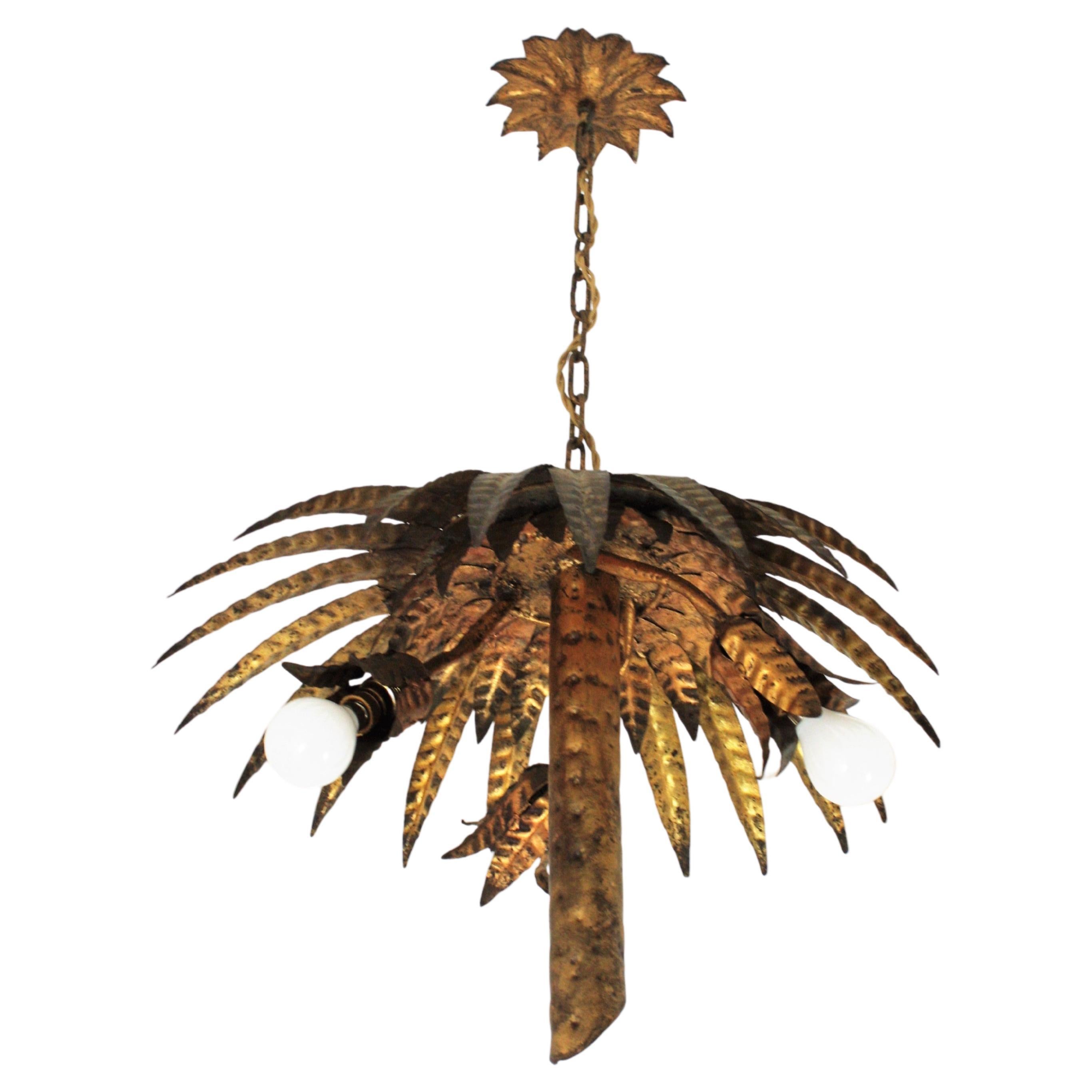 Spanish Hollywood Regency Palm Tree Pendant Chandelier Flush Mount in Gilt Iron