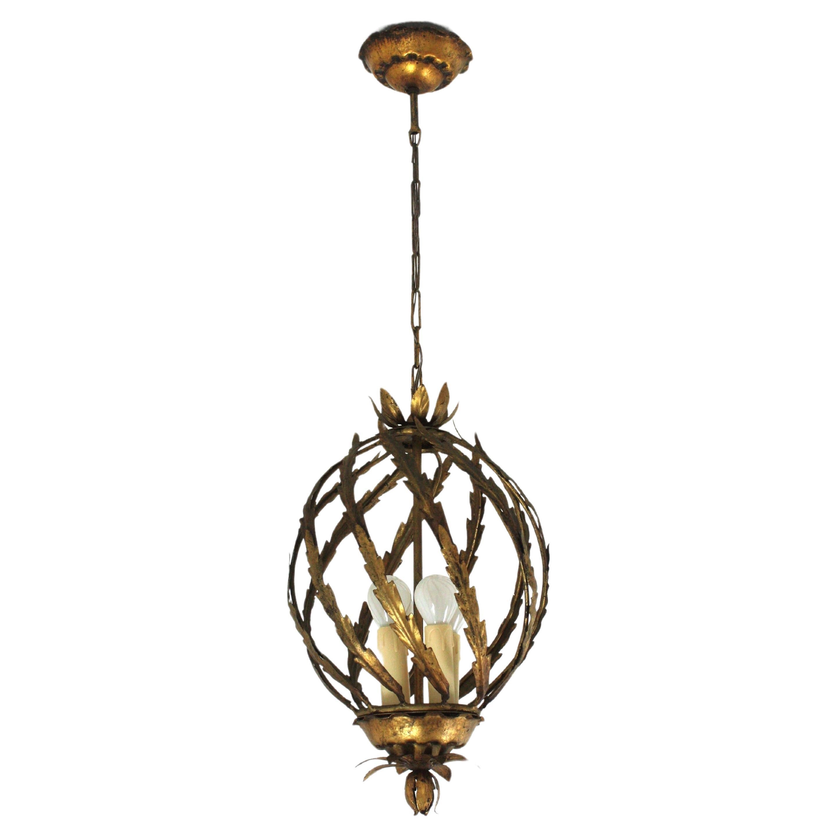 Spanish Hollywood Regency Pineapple Pendant Light or Lantern in Gilt Iron