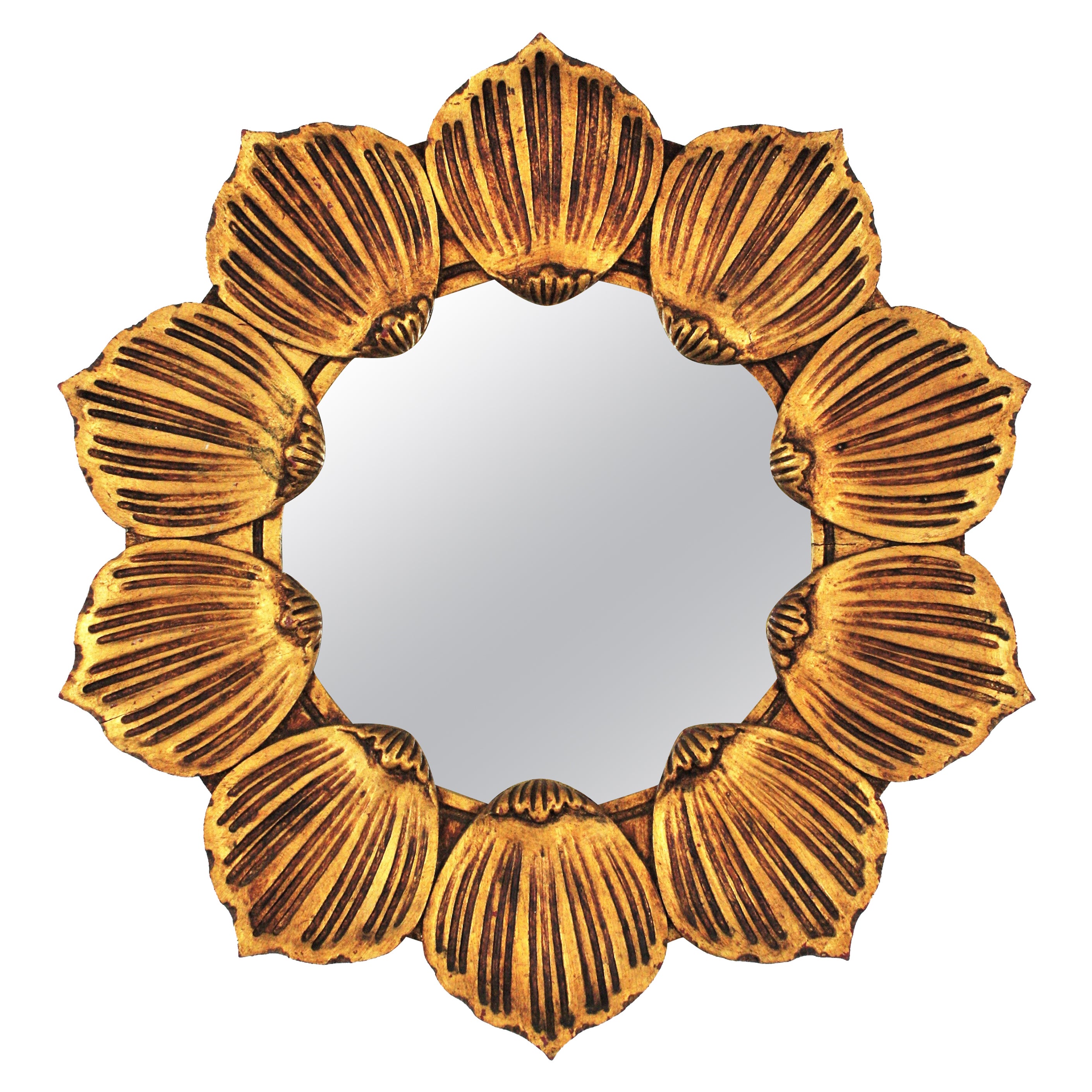 Spanish Hollywood Regency Sunburst Flower Mirror in Carved Giltwood