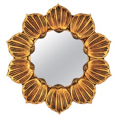 Spanish Hollywood Regency Sunburst Flower Mirror in Carved Giltwood