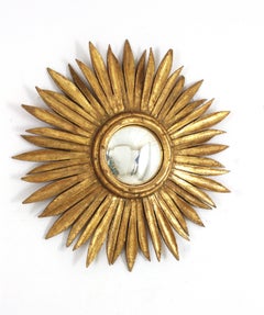 Miroir Hollywood Regency espagnol Sunburst en bois doré avec verre convexe