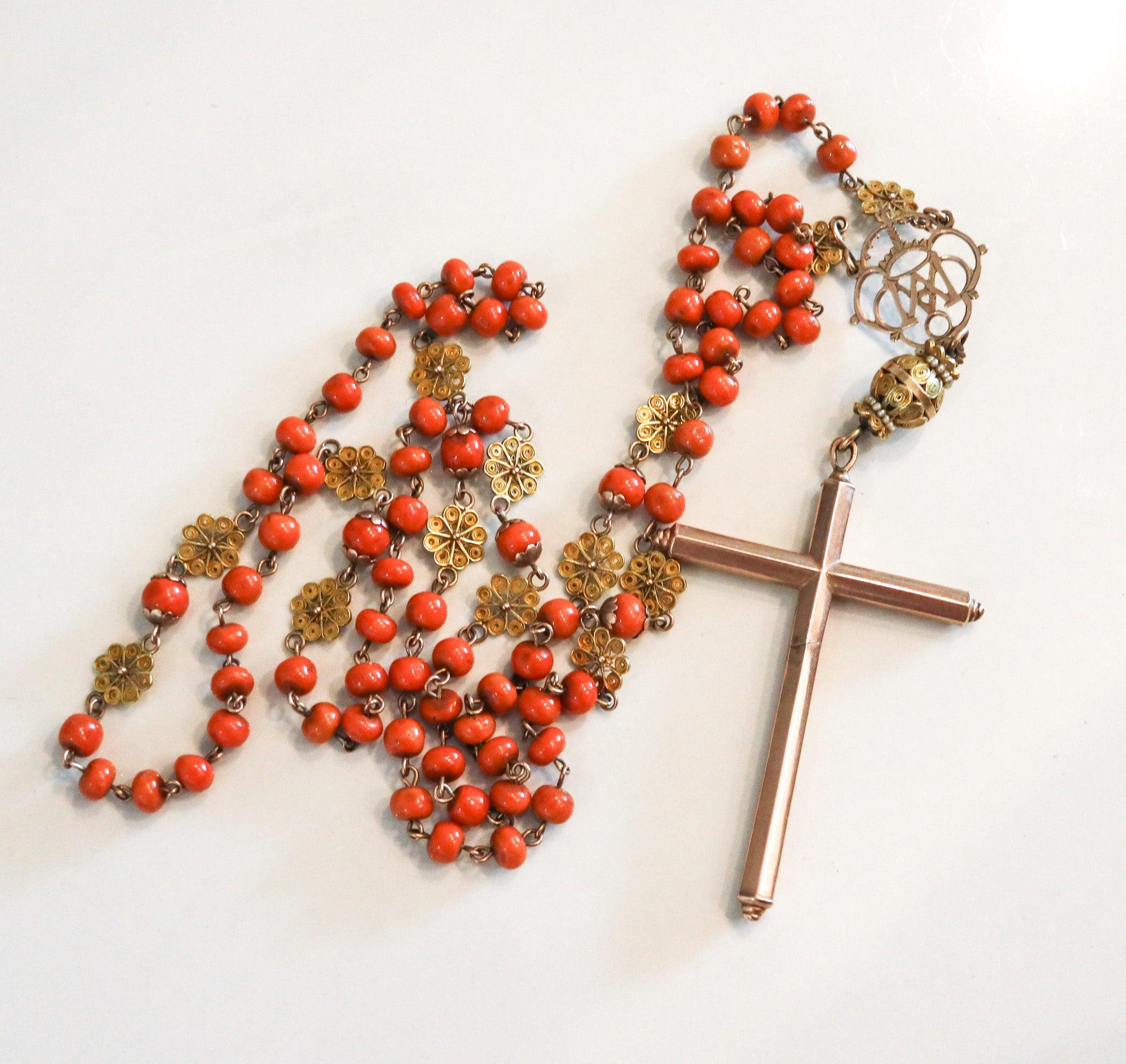 SPANISH-IBERIAN 1780 Coral Rosary In 18Kt Gold With Seed Pearls From Late 18th C 4