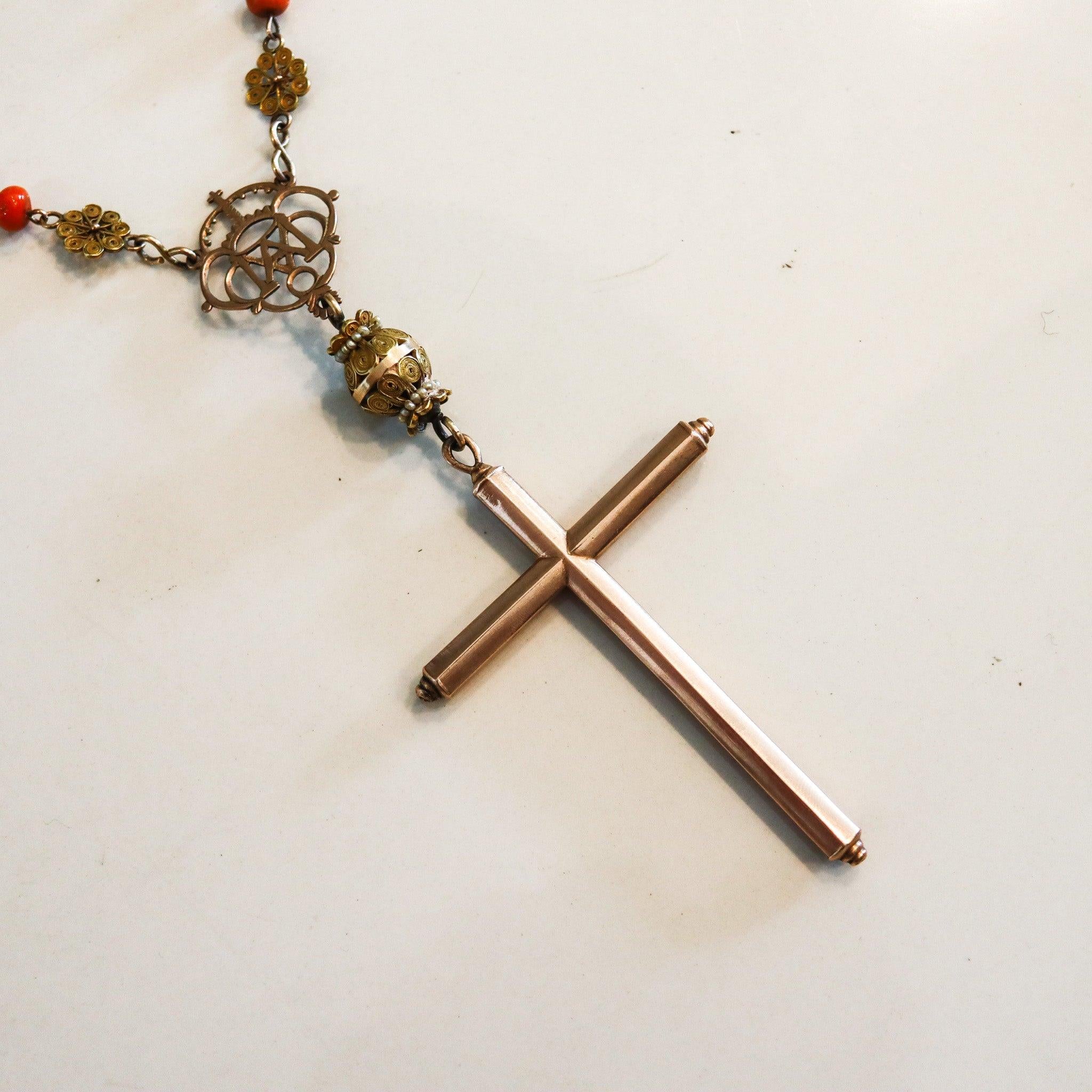 Baroque SPANISH-IBERIAN 1780 Coral Rosary In 18Kt Gold With Seed Pearls From Late 18th C