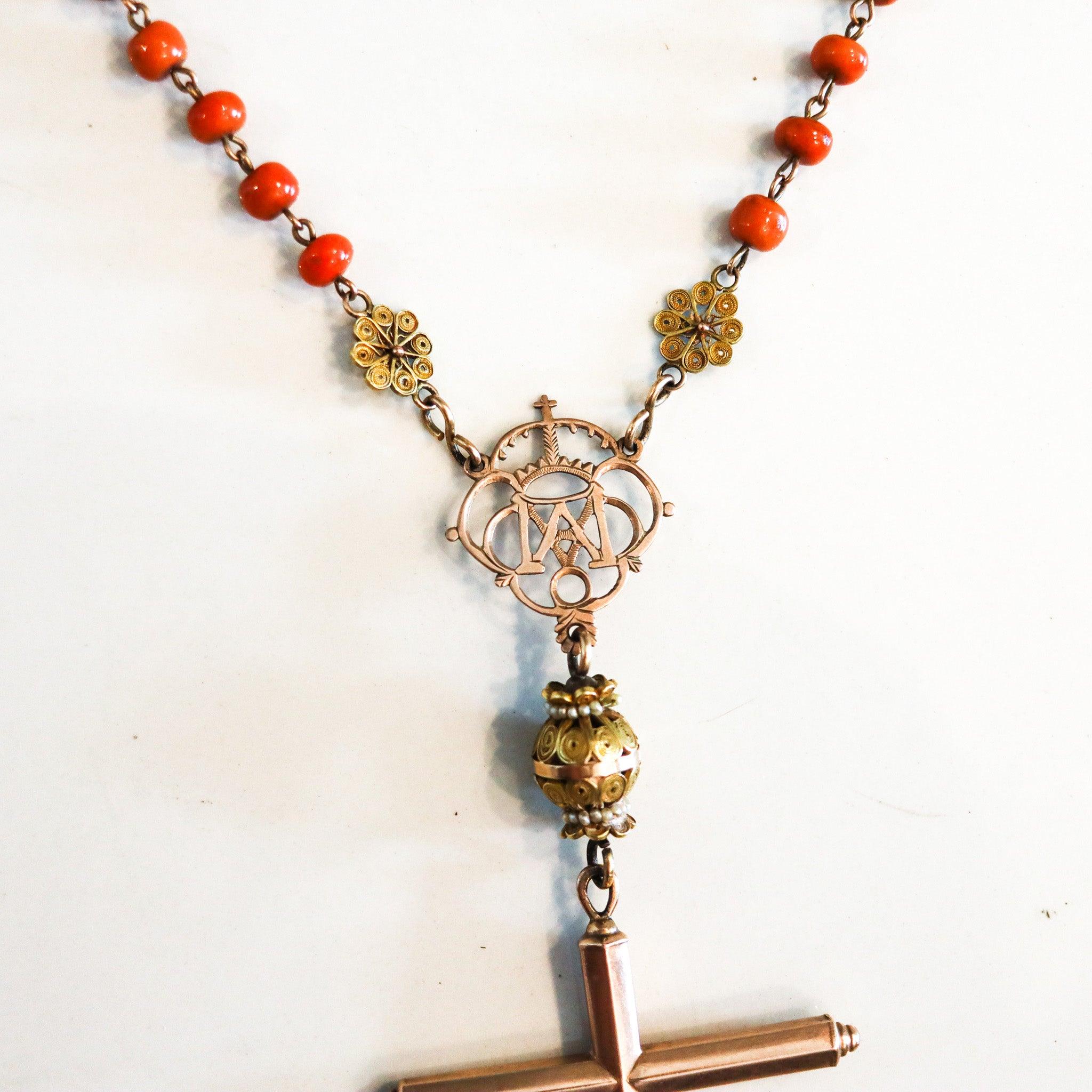 Bead SPANISH-IBERIAN 1780 Coral Rosary In 18Kt Gold With Seed Pearls From Late 18th C