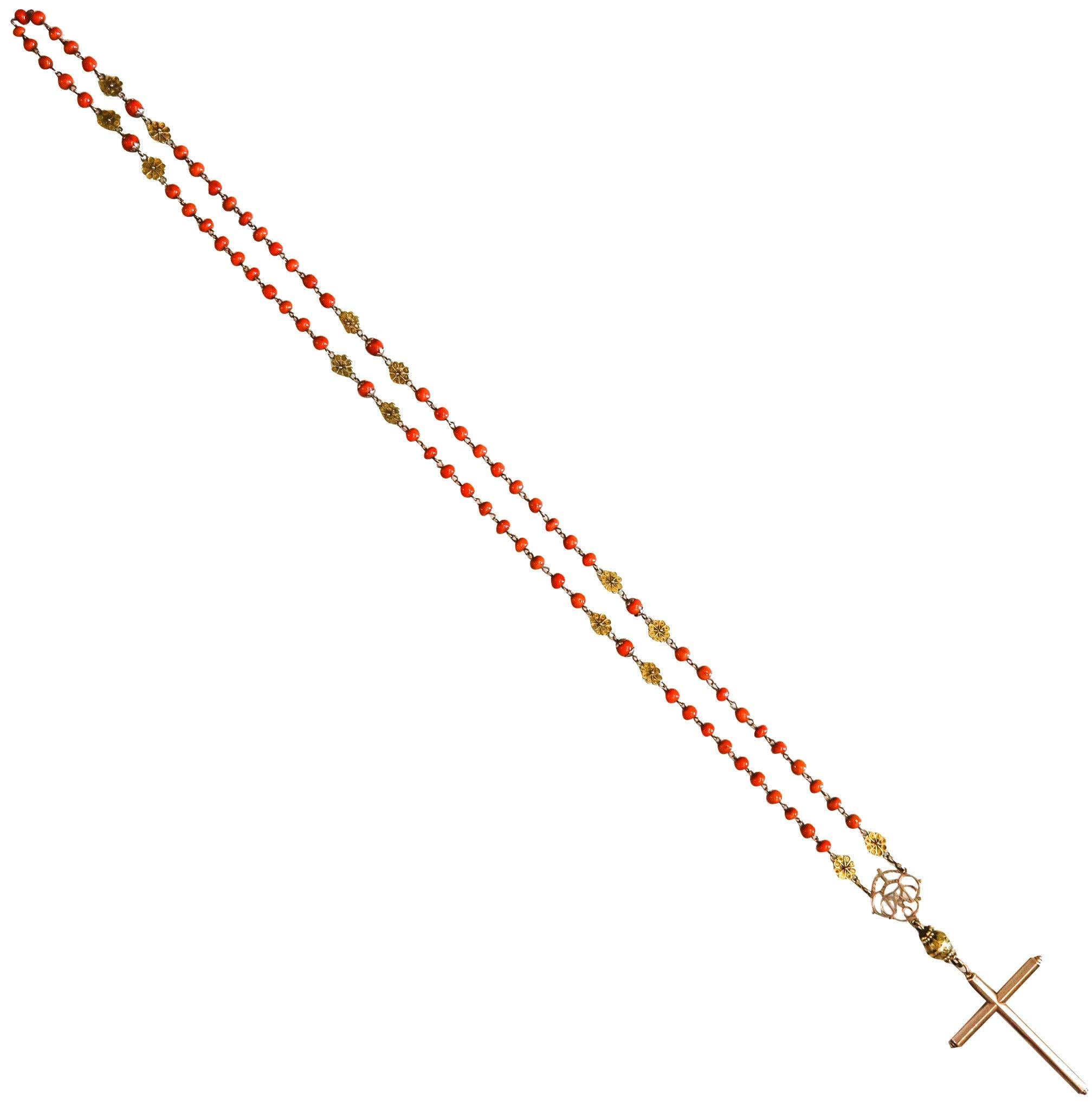 Women's or Men's SPANISH-IBERIAN 1780 Coral Rosary In 18Kt Gold With Seed Pearls From Late 18th C