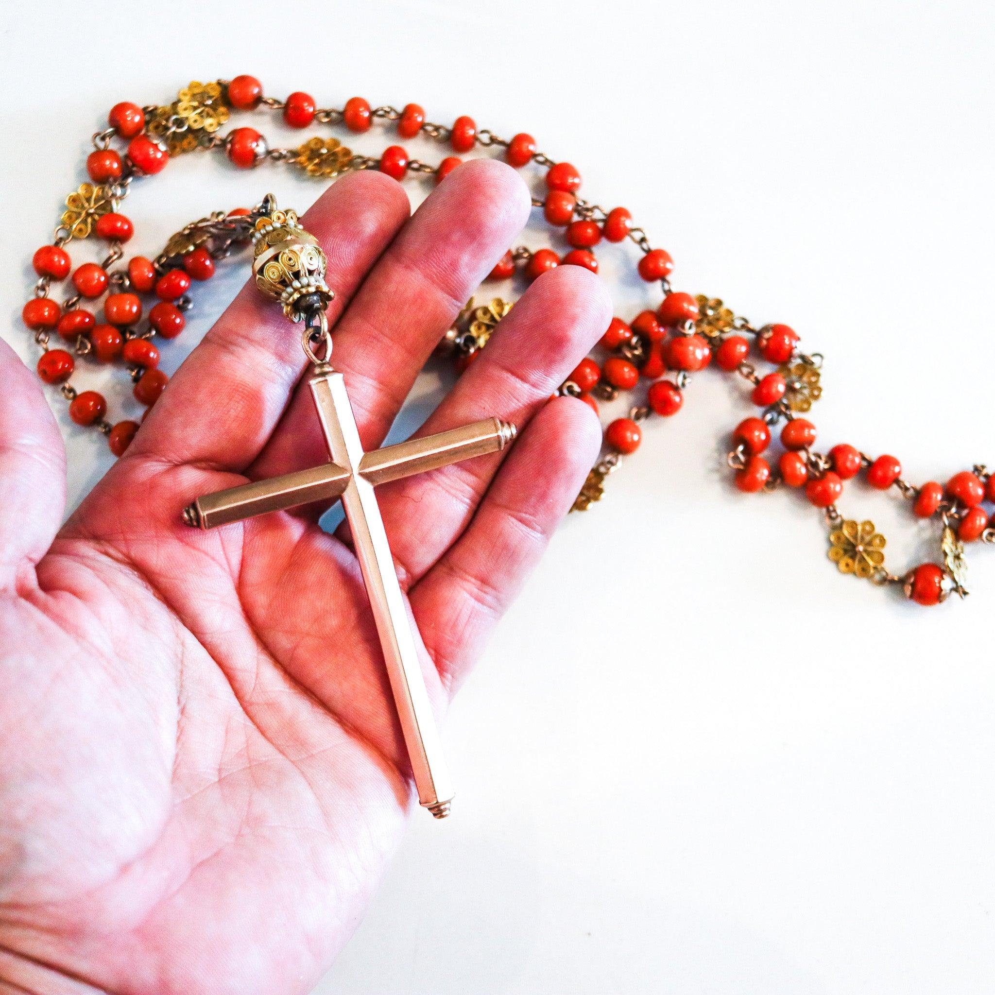 SPANISH-IBERIAN 1780 Coral Rosary In 18Kt Gold With Seed Pearls From Late 18th C 3