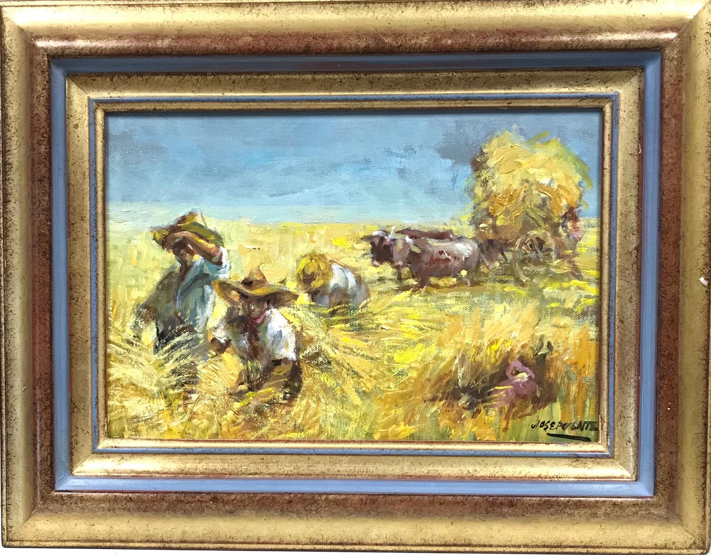 Sun Scorched Harvest Fields with Workers and Oxon pulling Cart, Signed oil - Painting by Spanish Impressionist