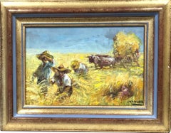 Sun Scorched Harvest Fields with Workers and Oxon pulling Cart, Signed oil
