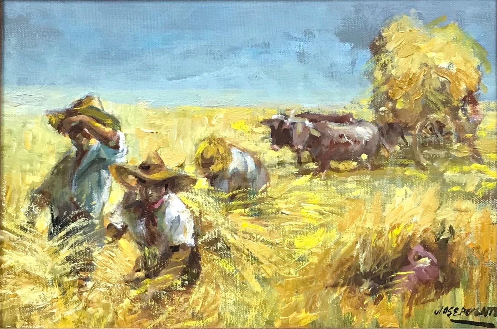 Spanish Impressionist Landscape Painting - Sun Scorched Harvest Fields with Workers and Oxon pulling Cart, Signed oil