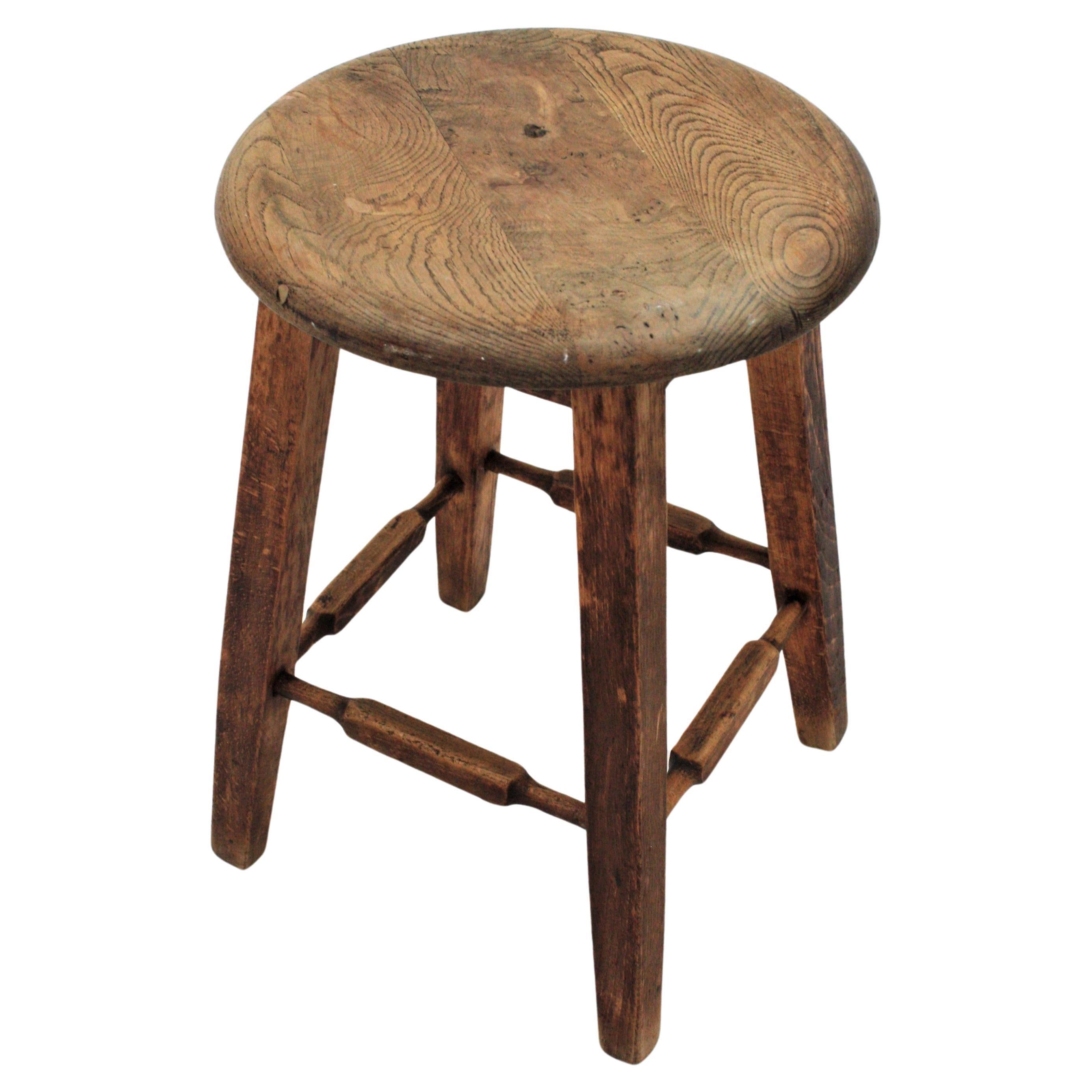 Spanish Industrial Stool in Oak Wood, 1940s