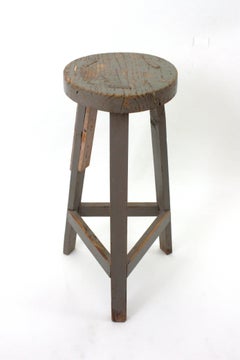 Spanish Industrial Wood Workshop Stool in Gray Patina, 1940s
