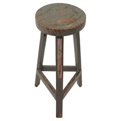 Spanish Industrial Wood Workshop Stool in Gray Patina, 1940s