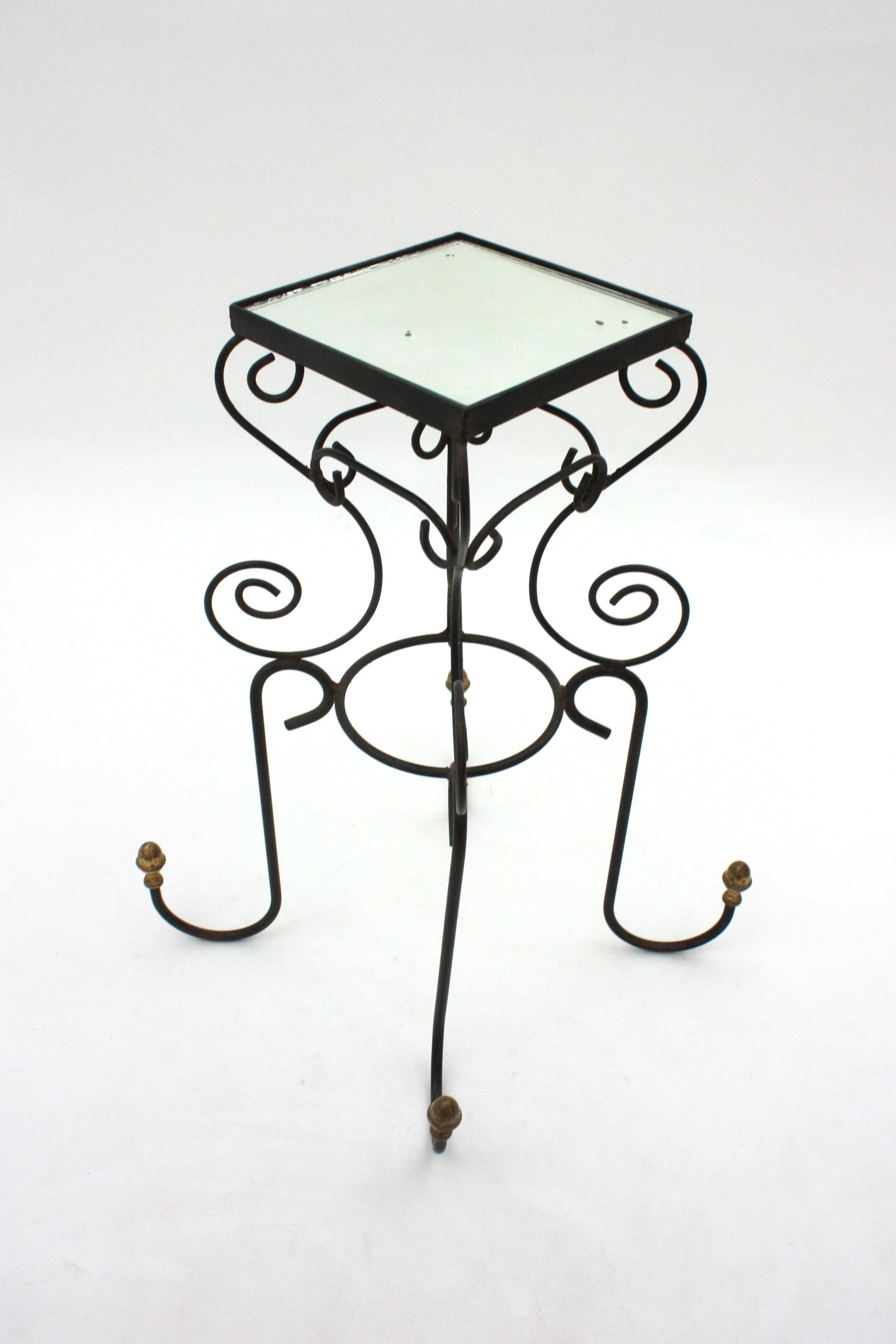 Spanish Iron and Brass Drinks Table or Side Table with Mirror Top, 1950s For Sale 5