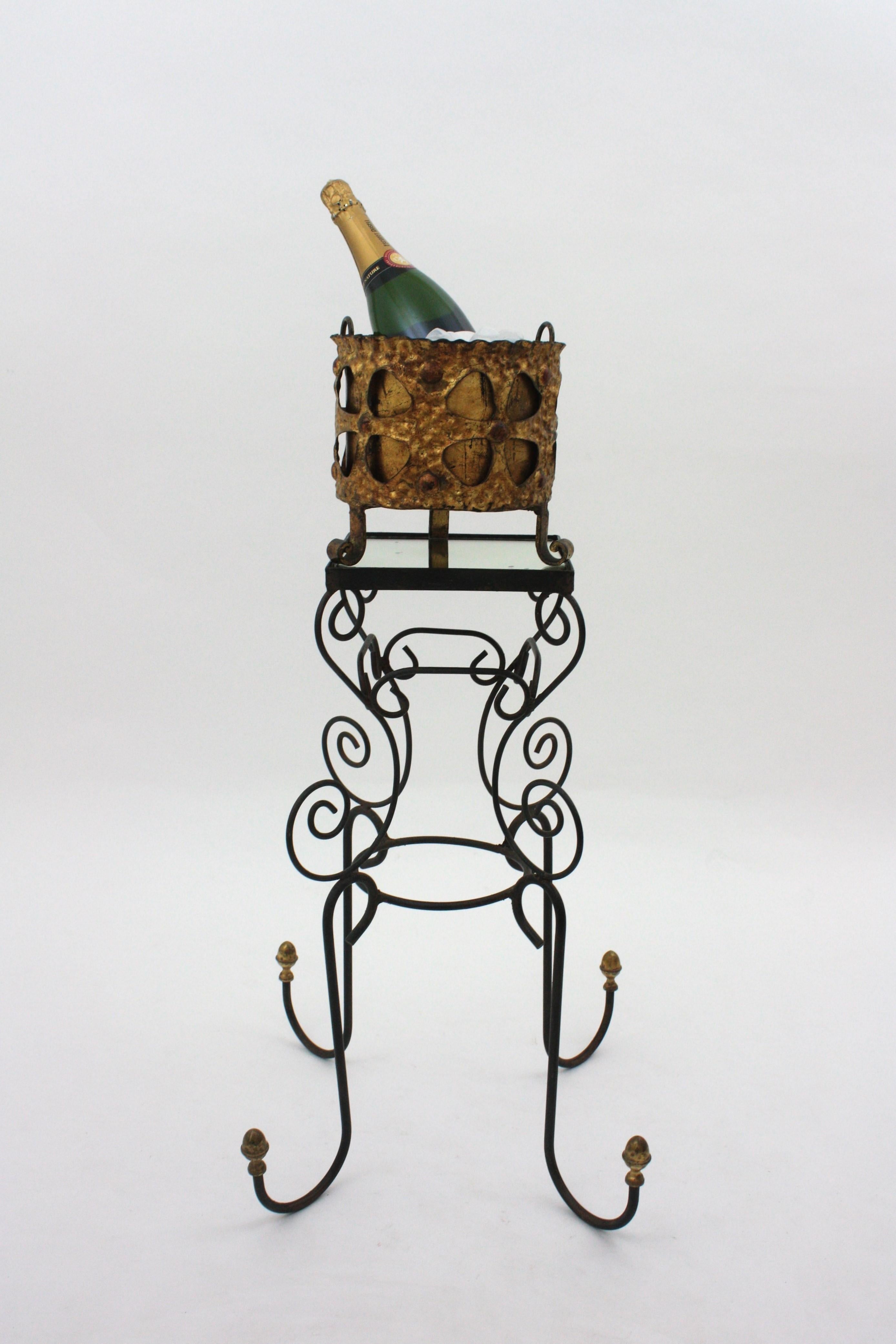 Spanish Iron and Brass Drinks Table or Side Table with Mirror Top, 1950s For Sale 9