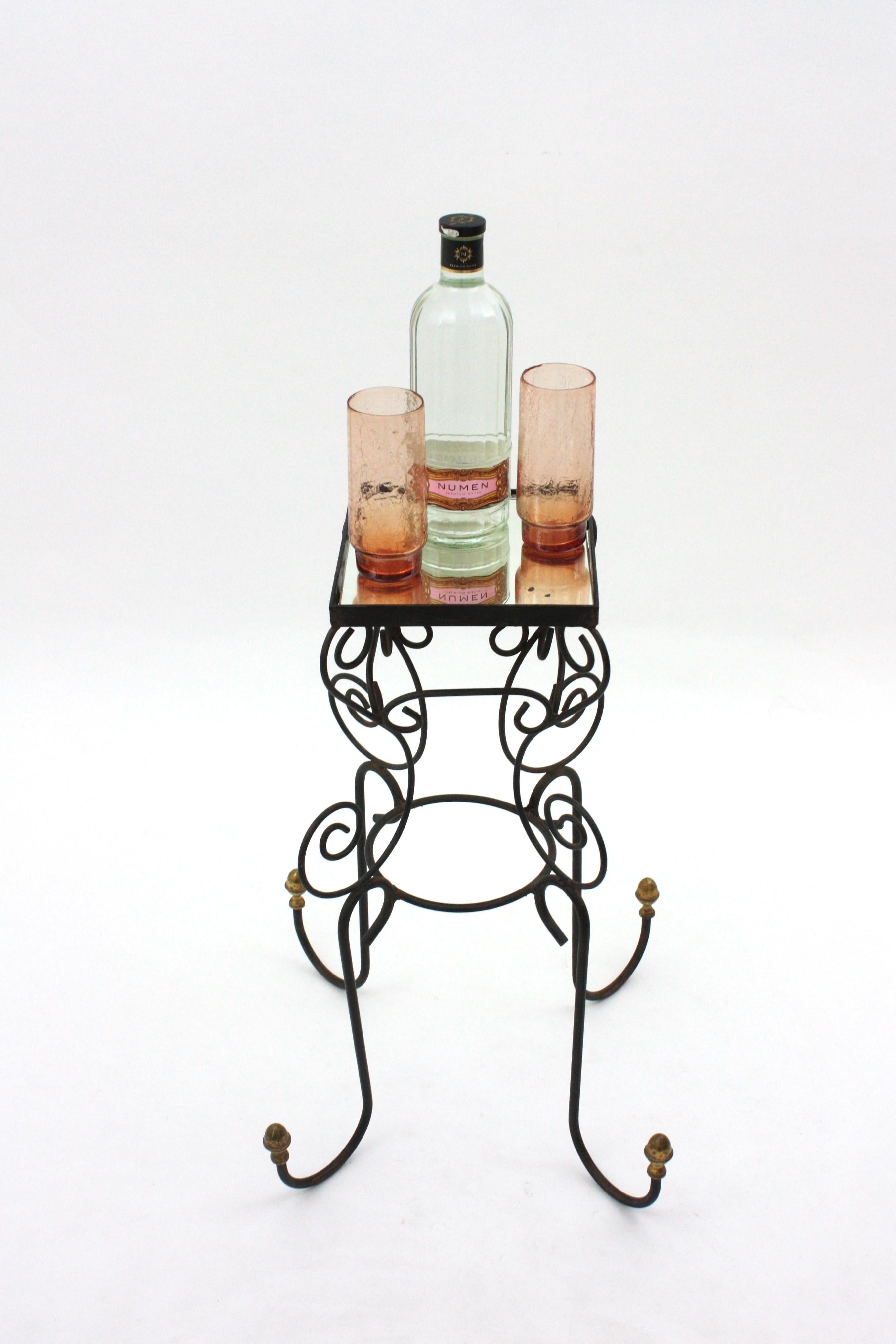 Spanish Iron and Brass Drinks Table or Side Table with Mirror Top, 1950s For Sale 10