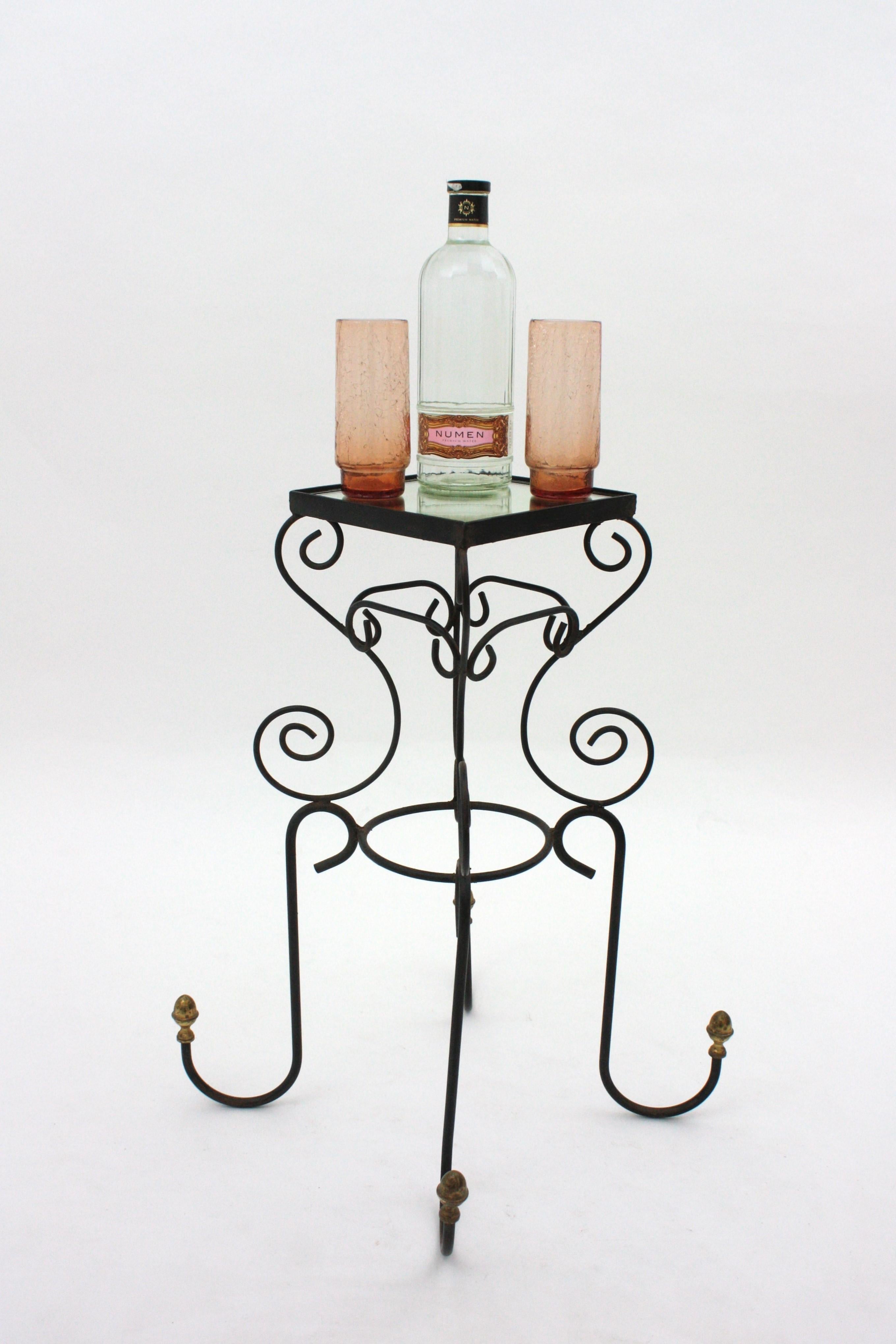 Spanish Iron and Brass Drinks Table or Side Table with Mirror Top, 1950s For Sale 12