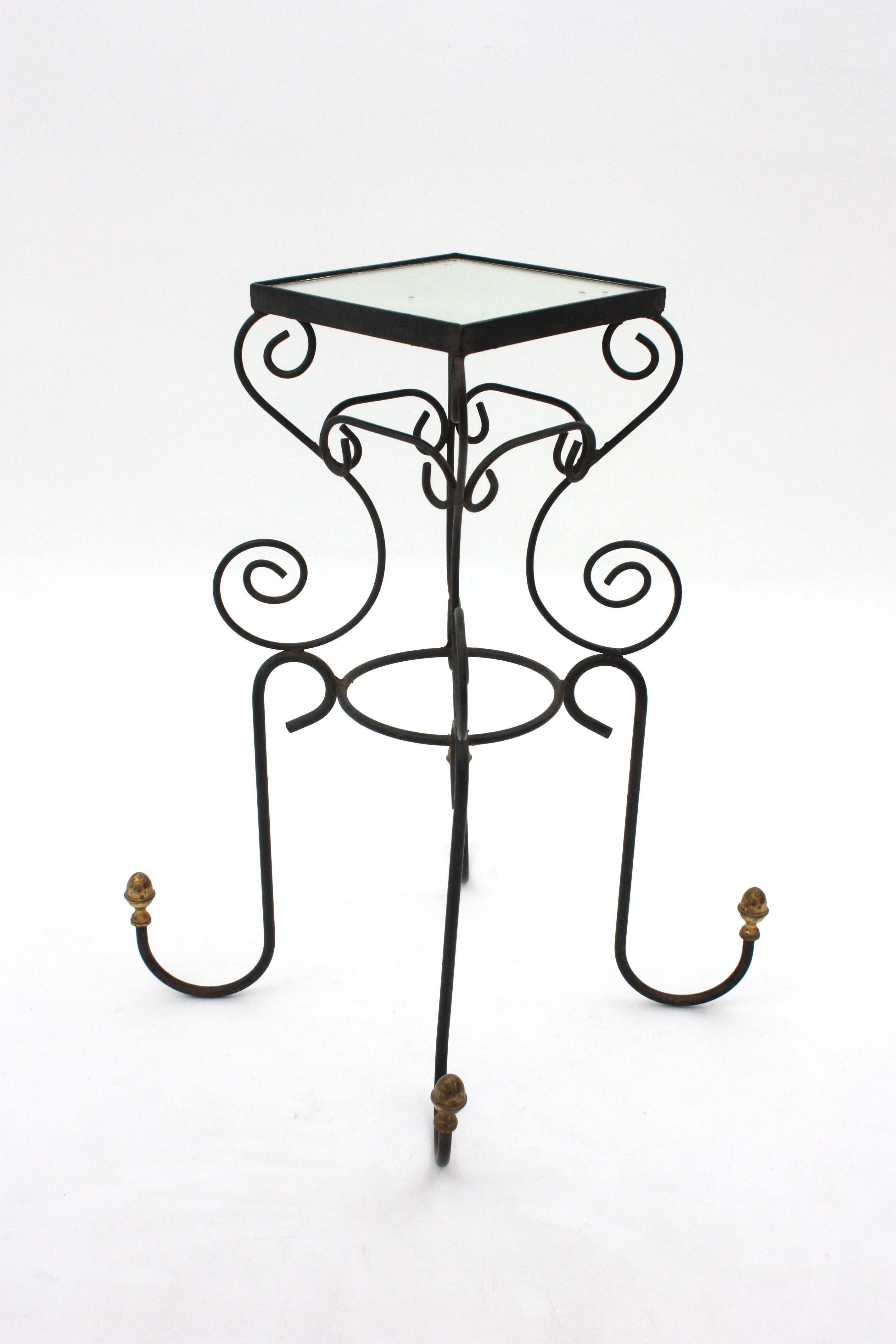 Mid-Century Modern Spanish Iron and Brass Drinks Table or Side Table with Mirror Top, 1950s For Sale