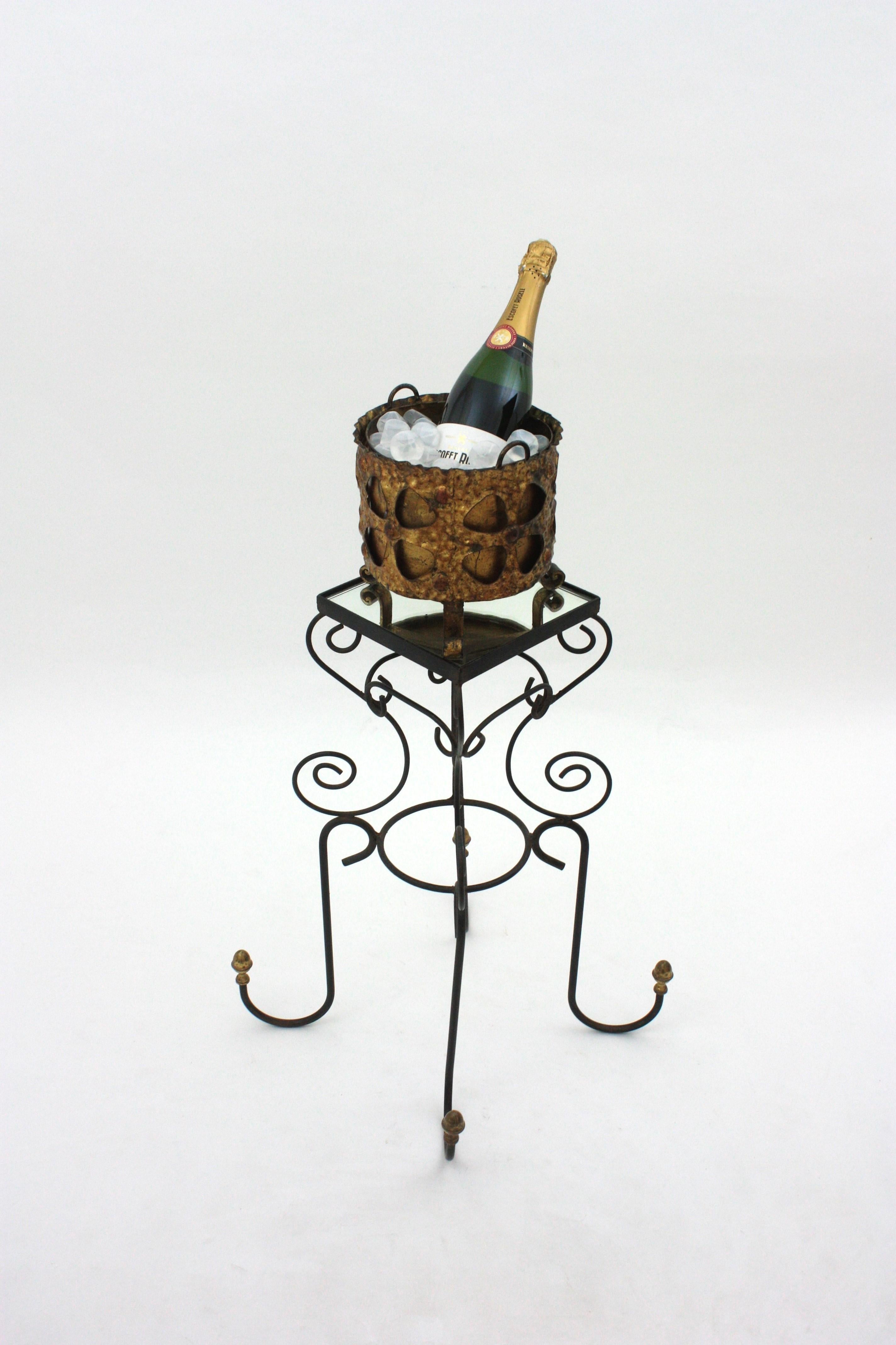 Hand-Crafted Spanish Iron and Brass Drinks Table or Side Table with Mirror Top, 1950s For Sale