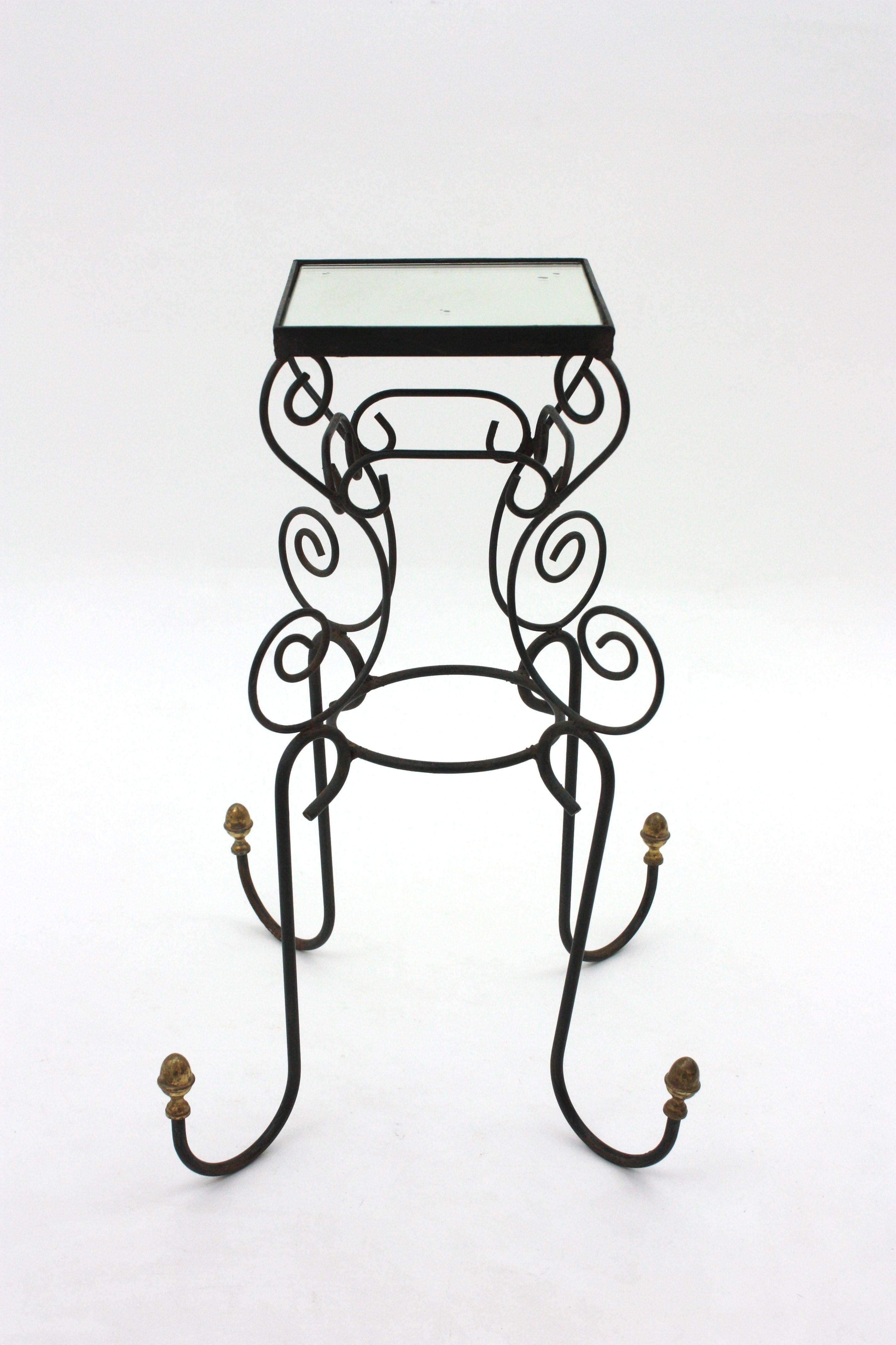 20th Century Spanish Iron and Brass Drinks Table or Side Table with Mirror Top, 1950s For Sale