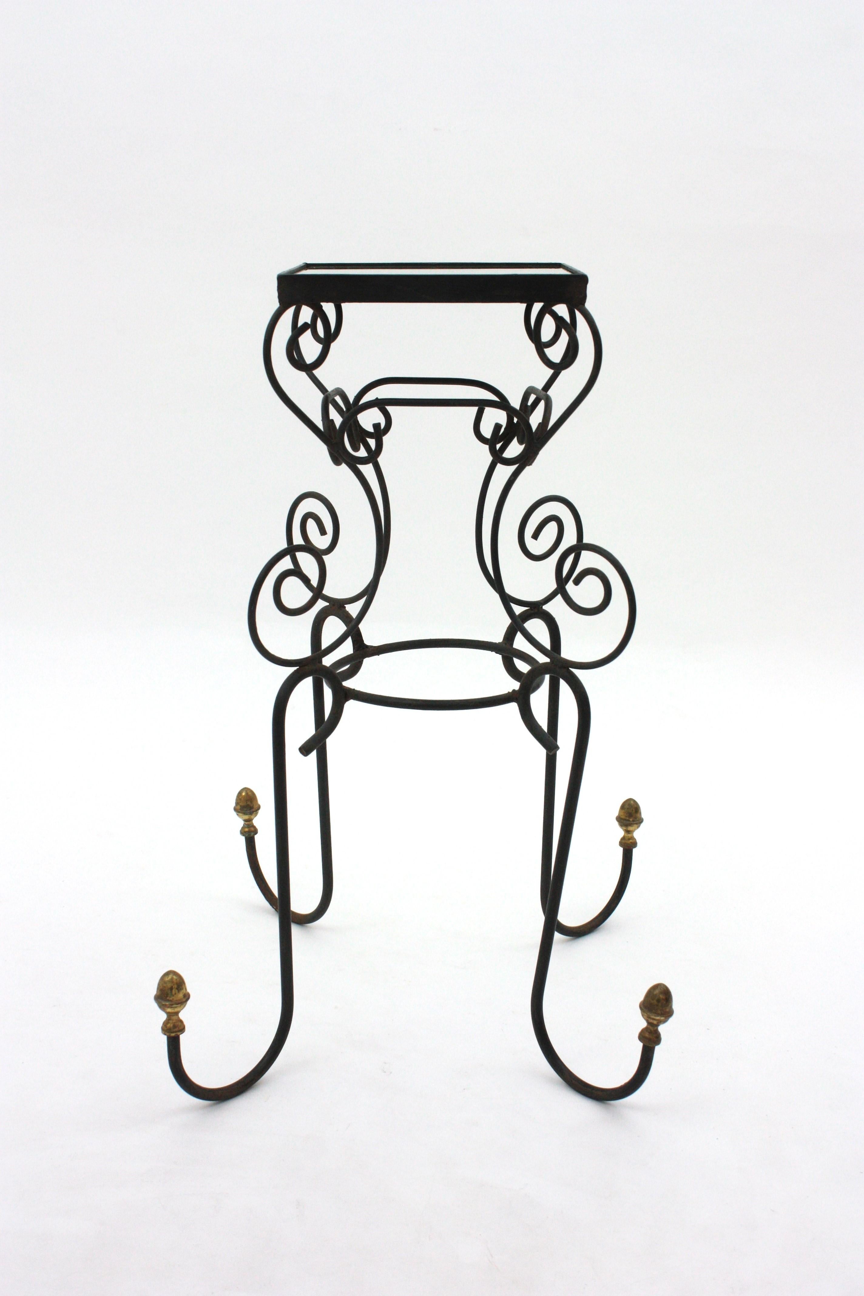 Spanish Iron and Brass Drinks Table or Side Table with Mirror Top, 1950s For Sale 1