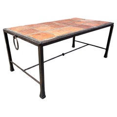 Spanish iron and ceramic tile coffee table, 1950s