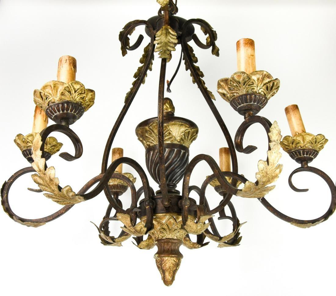 Spanish wrought iron and gilt, ornate, hand painted six-light chandelier.