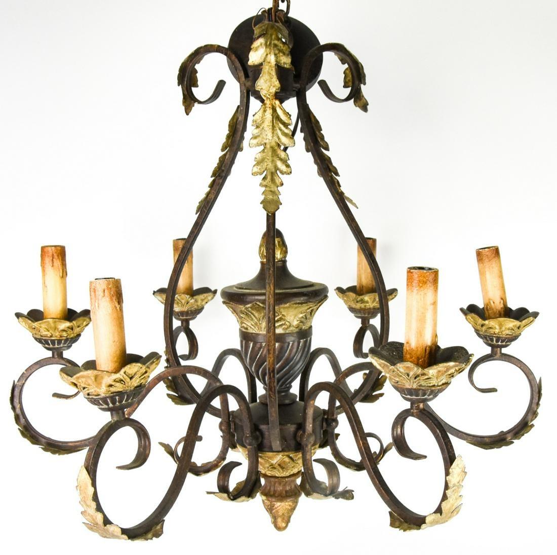 Hand-Painted Spanish Iron and Gilt Ornate Chandelier For Sale